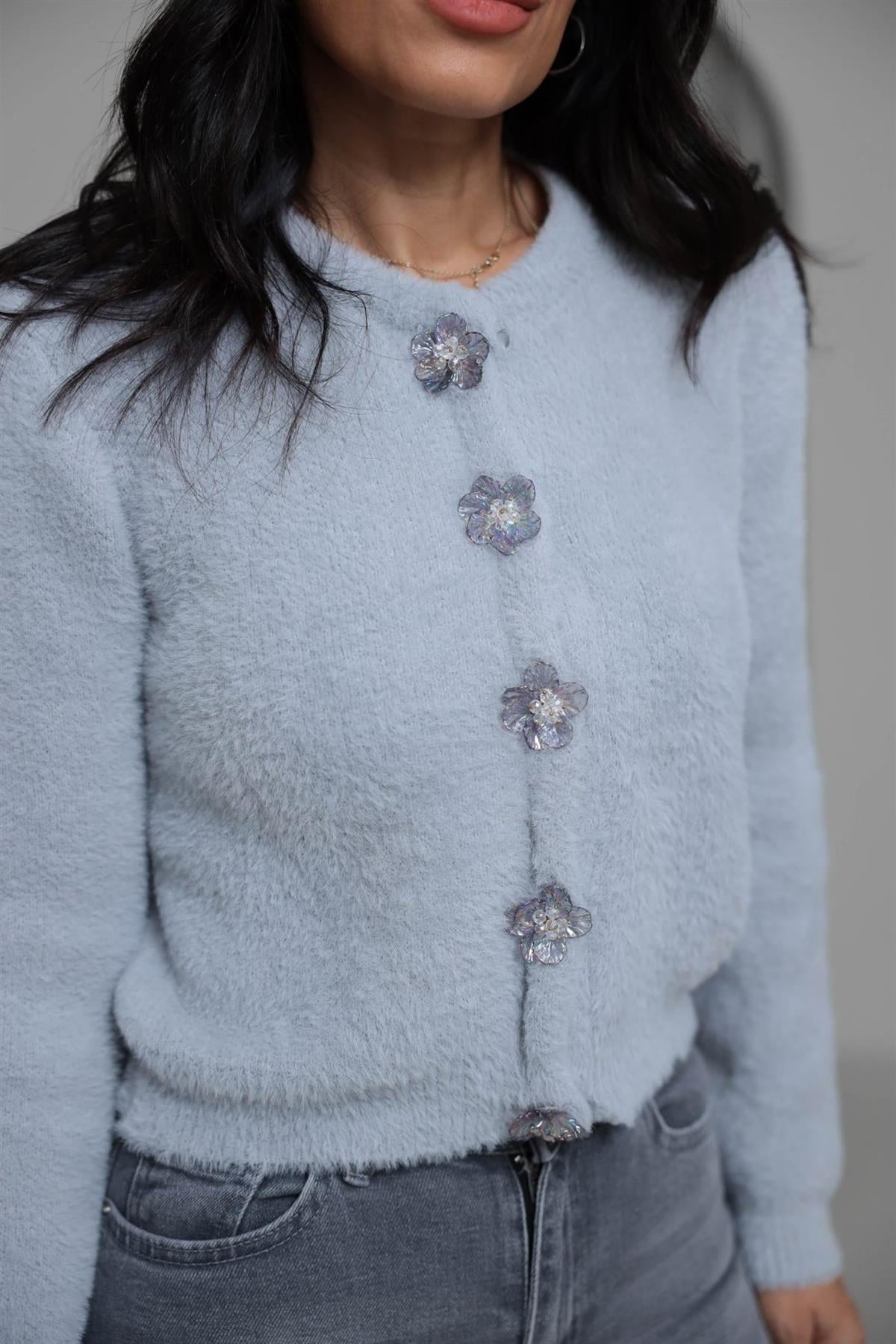 314 Çiçek Düğmeli Çıtçıtlı Yumoş Hırka AÇIK GRİ