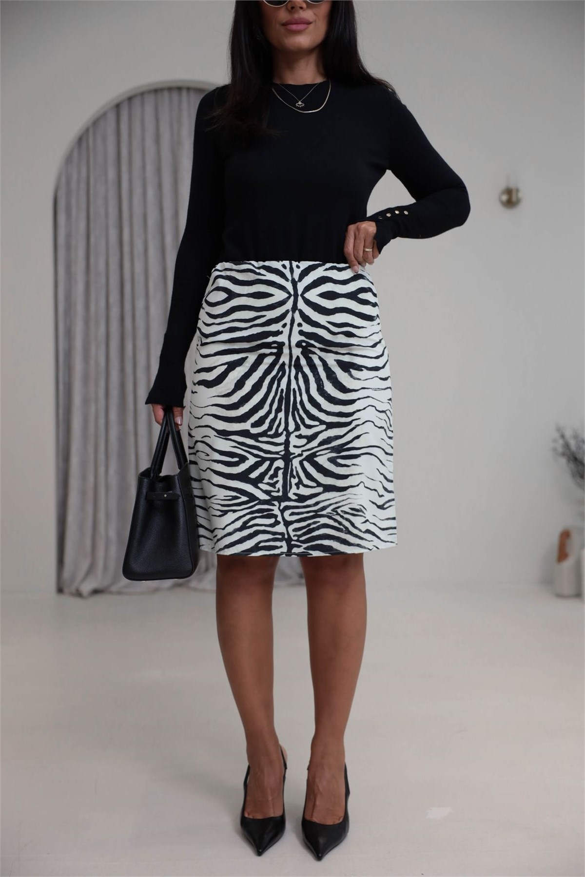 4267 Zebra Desen Astarlı Kalem Etek EKRU