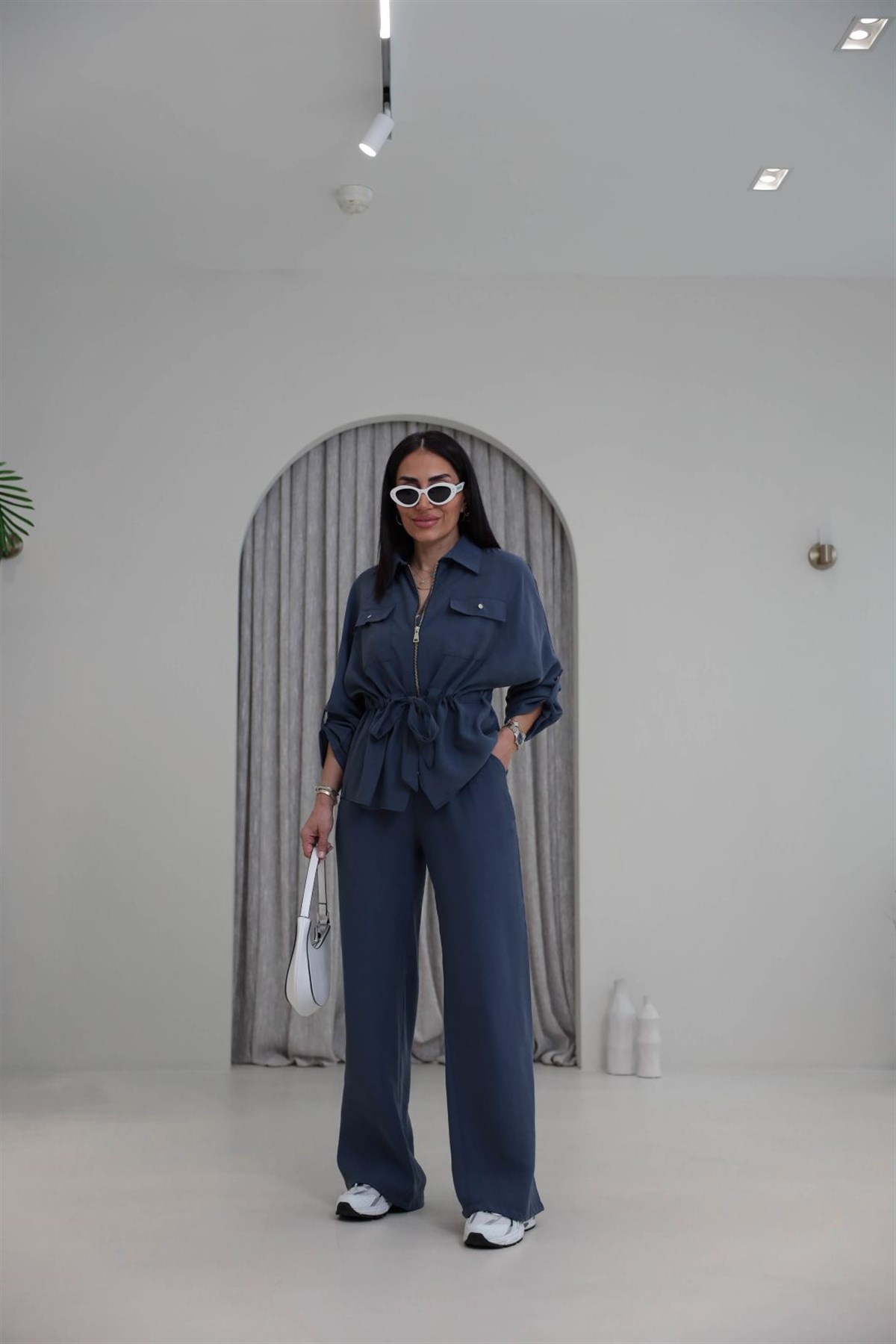 1003 Cep Kapaklı Fermuarlı Bel Büzgülü Modal Tencel Takım Indigo