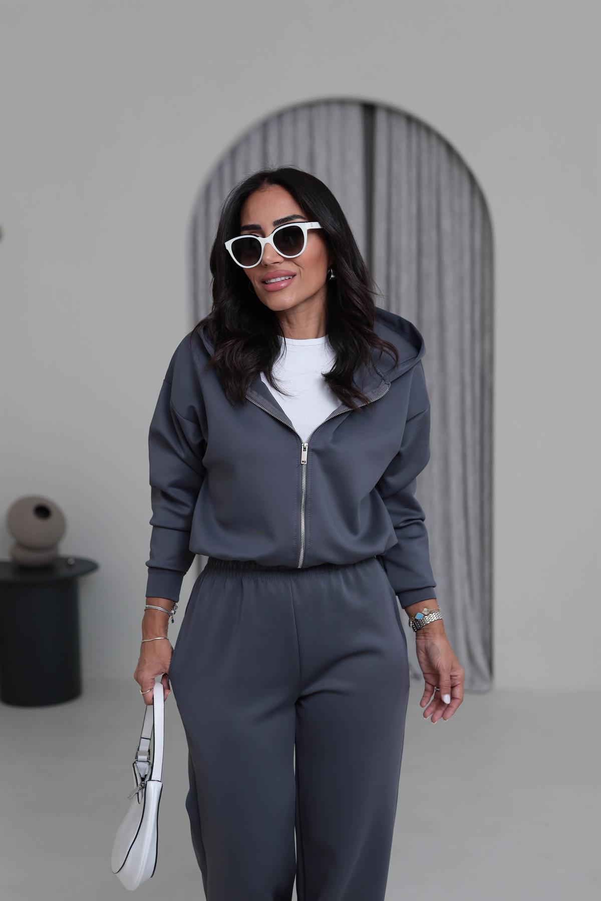 4202 Kapşonlu Büzgü Detay Scuba Takım ANTRASİT