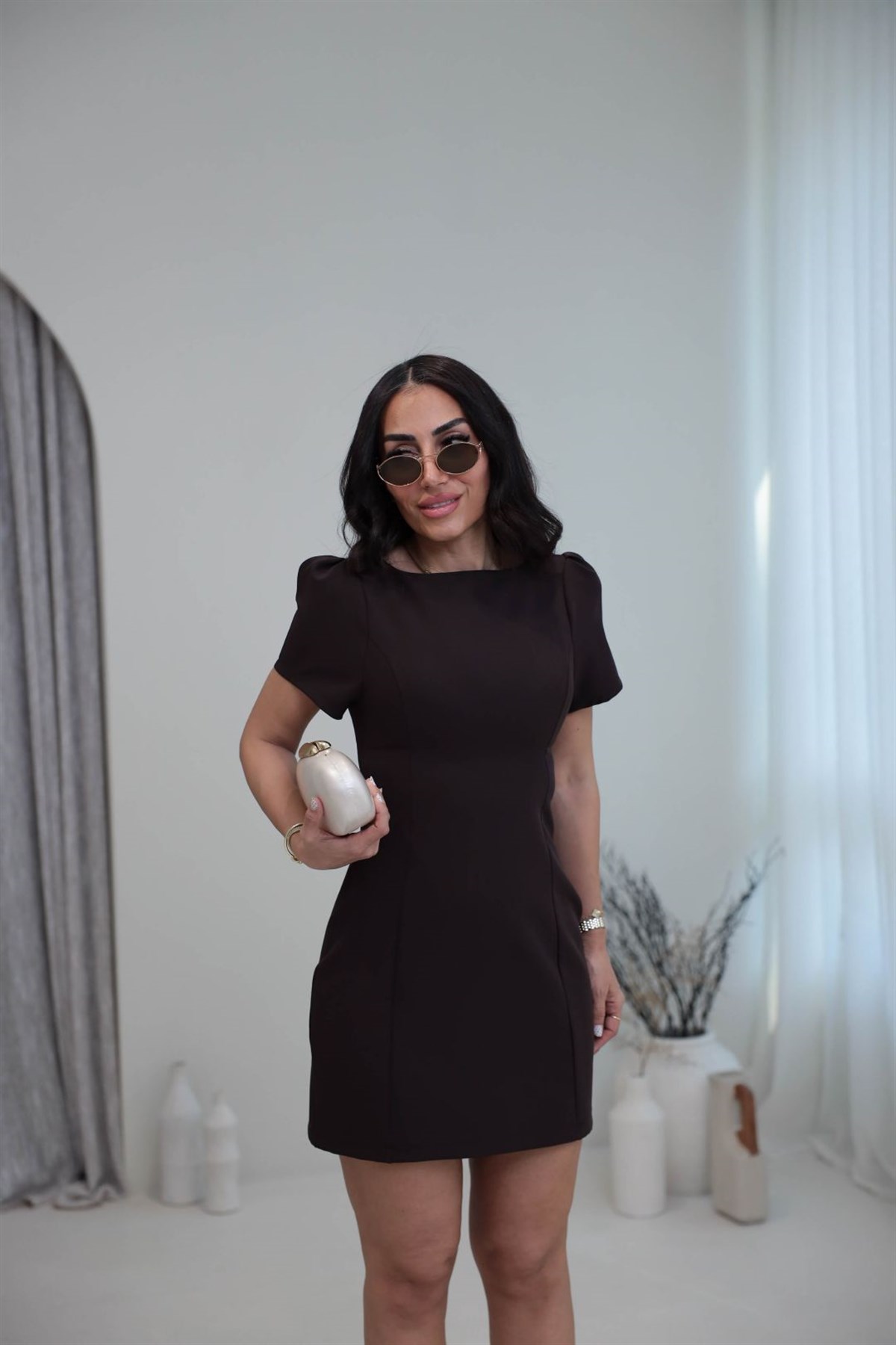 3904 Prenses Kol Belden Oturtmalı Elibise ACI KAHVE