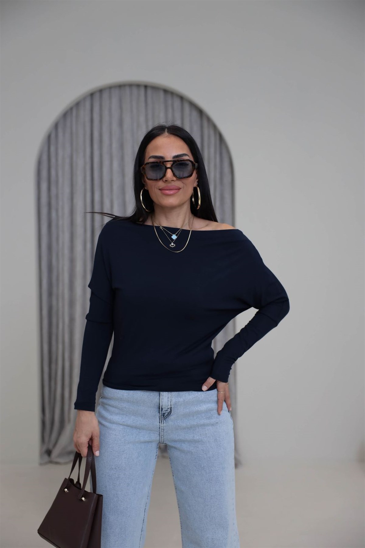 7221 Degaje Yaka Modal Bluz LACİVERT