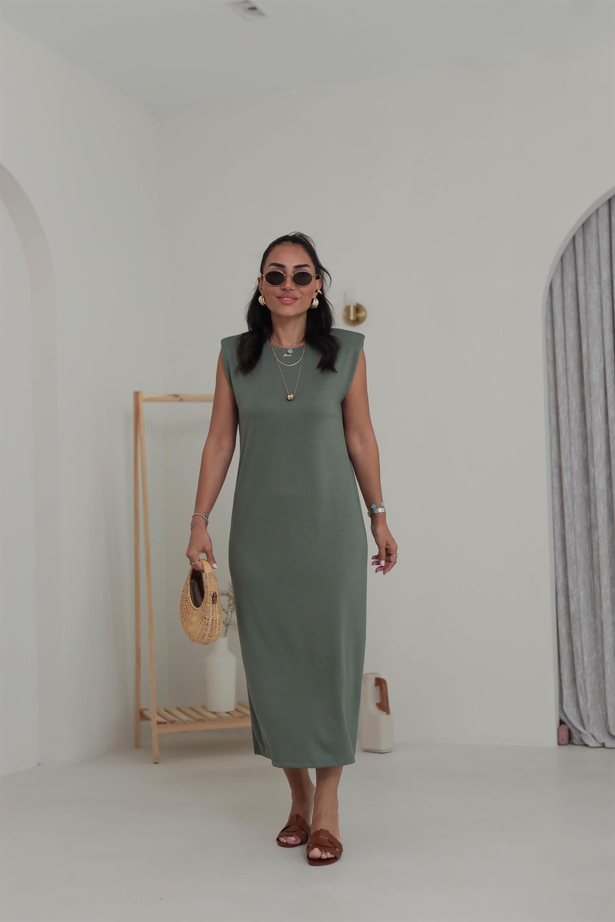 3316 Bisiklet Yaka Vatkalı Penye Modal Elbise HAKİ YEŞİL