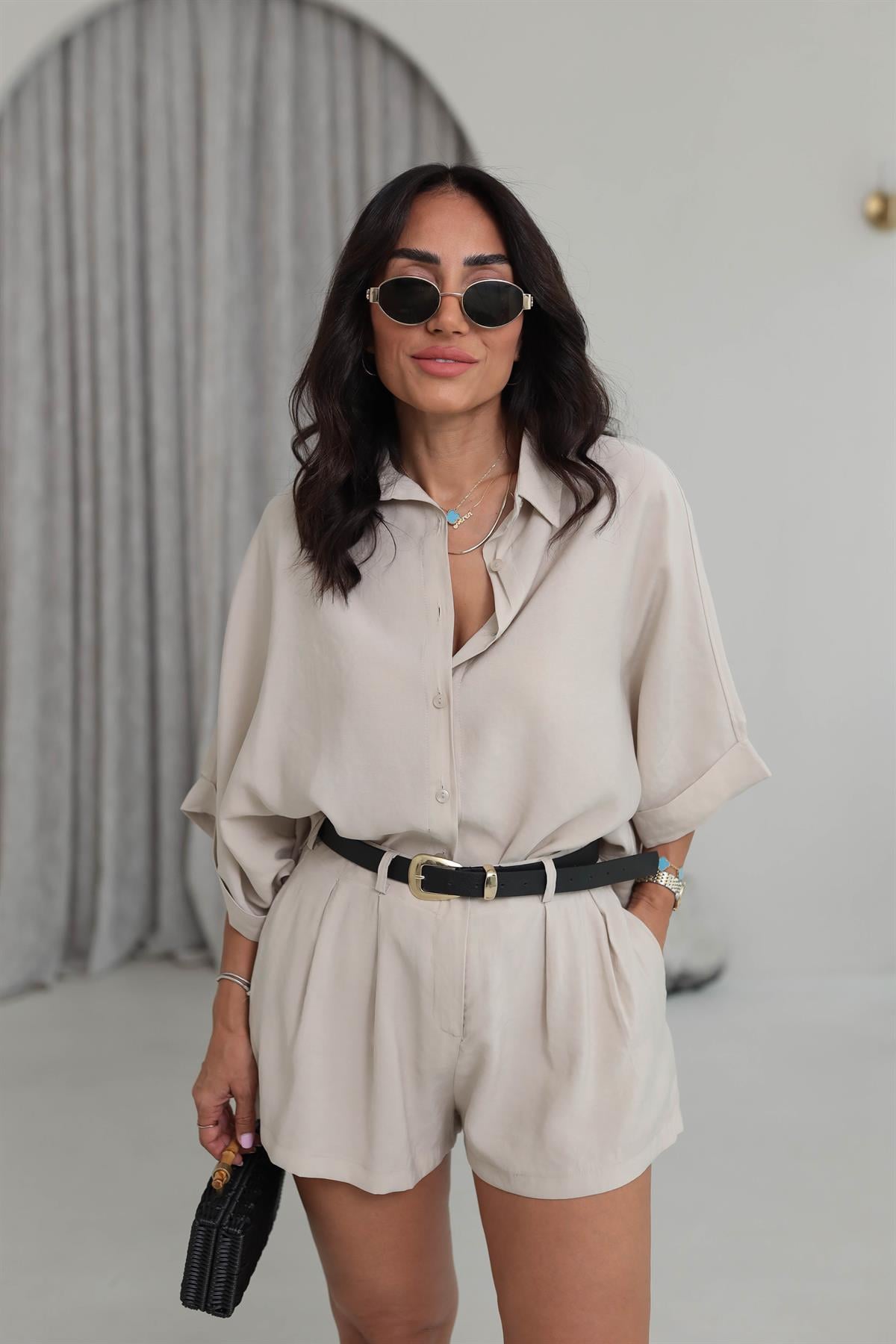 513 Tencel Düşük Omuz Gömlekli Şort Takım TAŞ