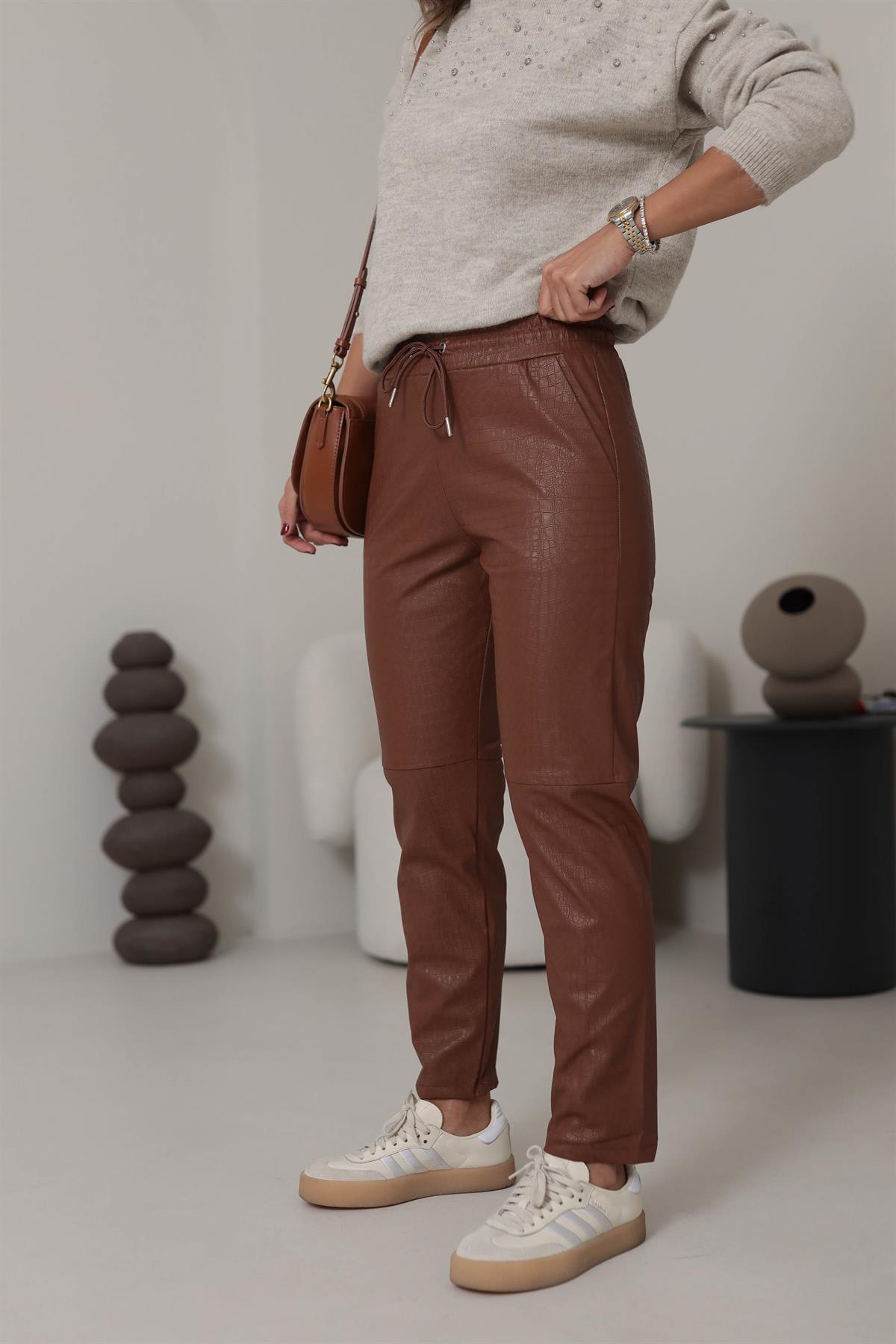 3410 Krokodil Parçalı Deri Pantolon