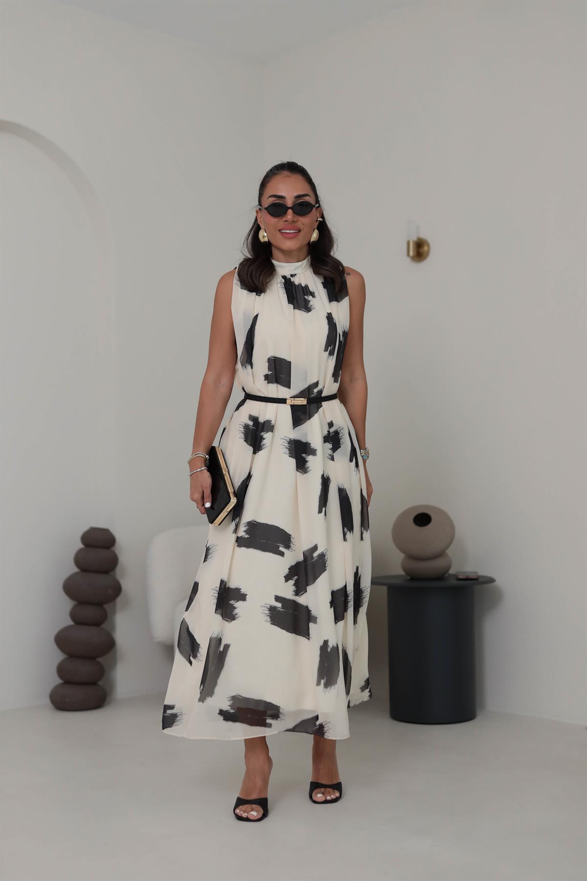 6319 Boyundan Bağlamalı Desenli Şifon Elbise KREM-SİYAH