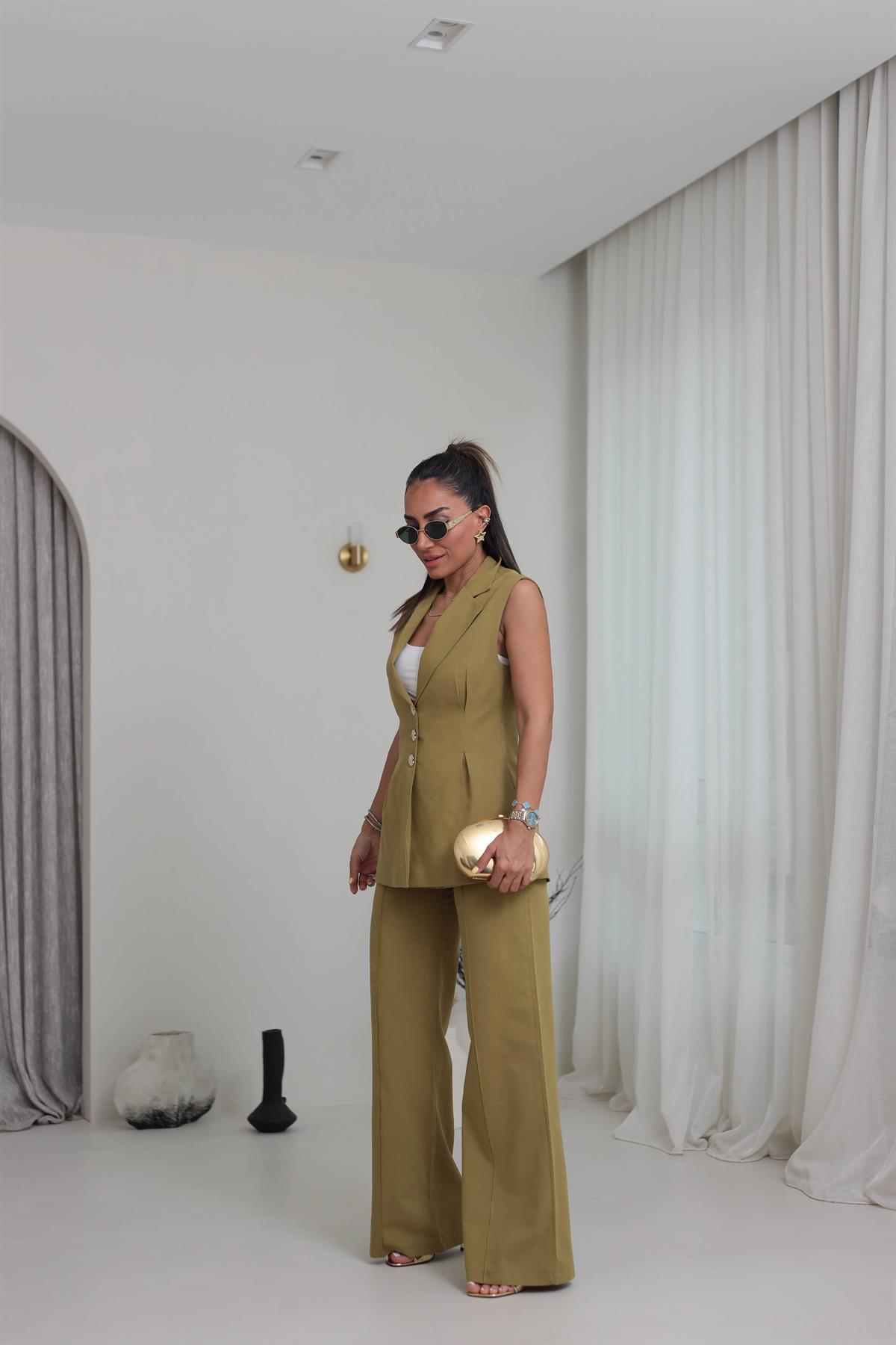 9212 Çiçek Gold Düğmeli Keten Takım YAĞ YEŞİLİ