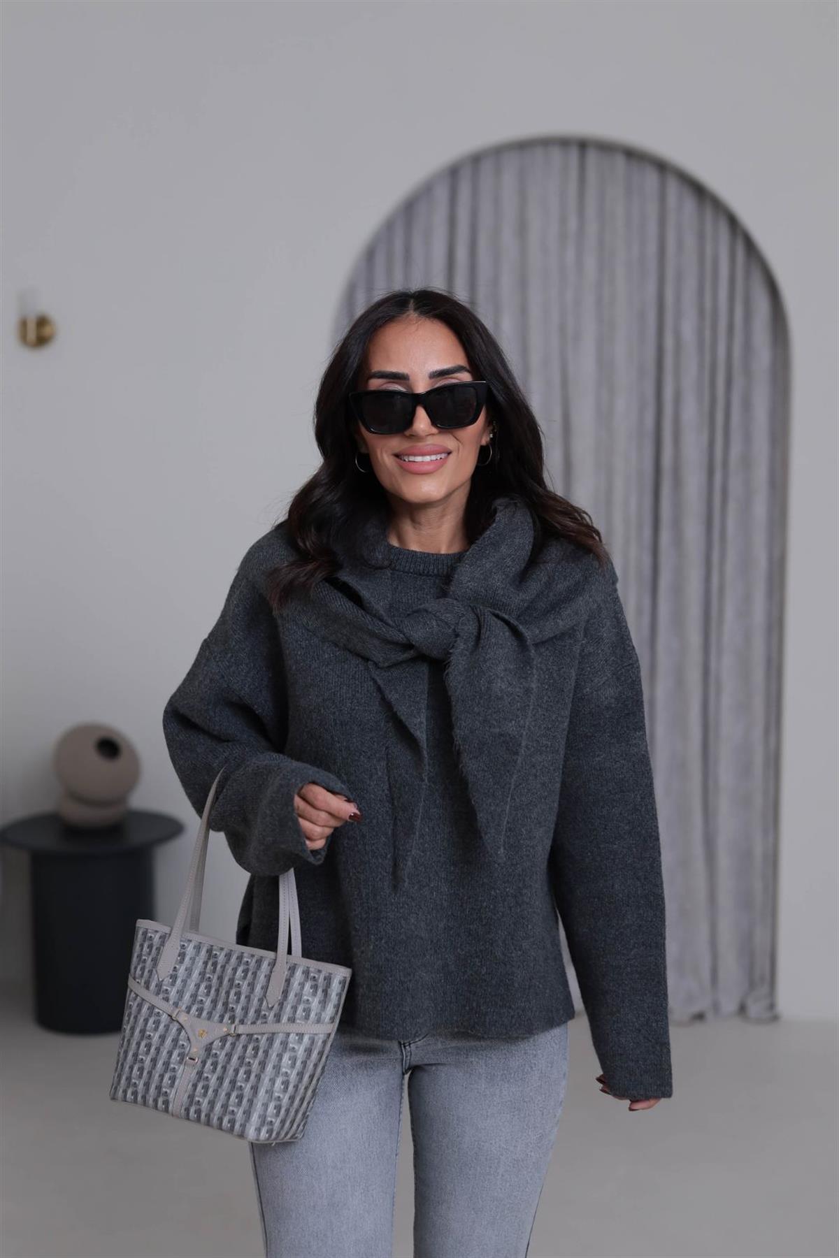 2567 Bisiklet Yaka Şal Detaylı Triko Kazak ANTRASİT