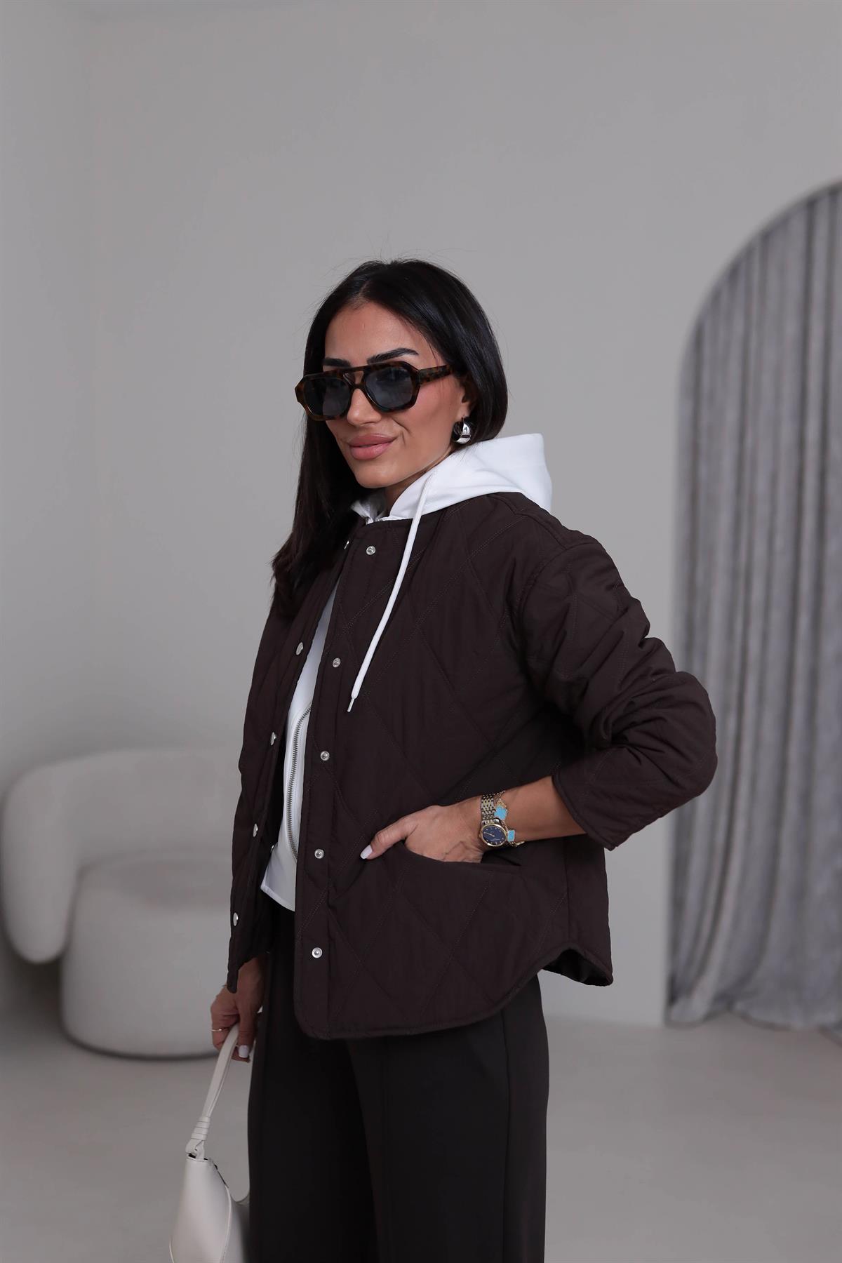 5841 Kapüşonlu Garni Detaylı Kapitone Mont KAHVE