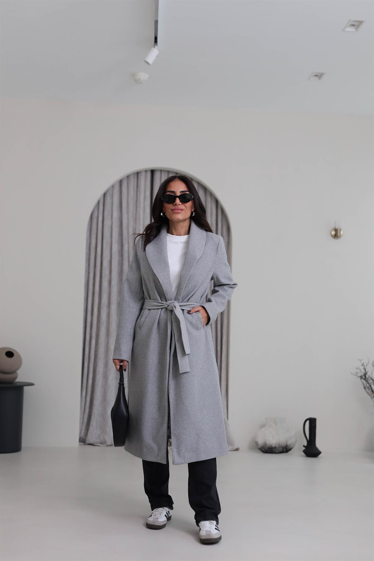 2173 Kuşaklı Kaşe Ceket GRİ