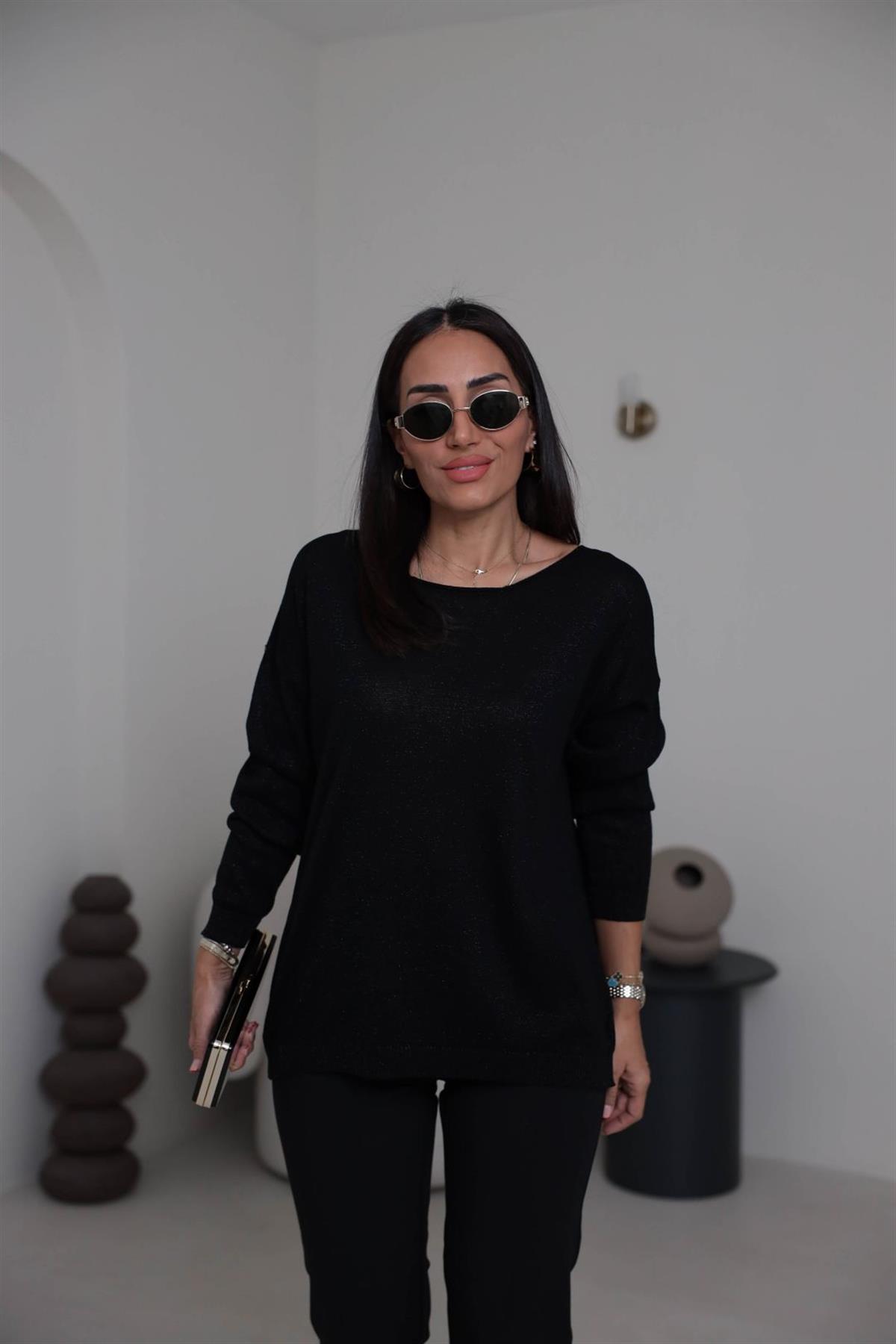 Kayık Yaka Simli Bluz SİYAH