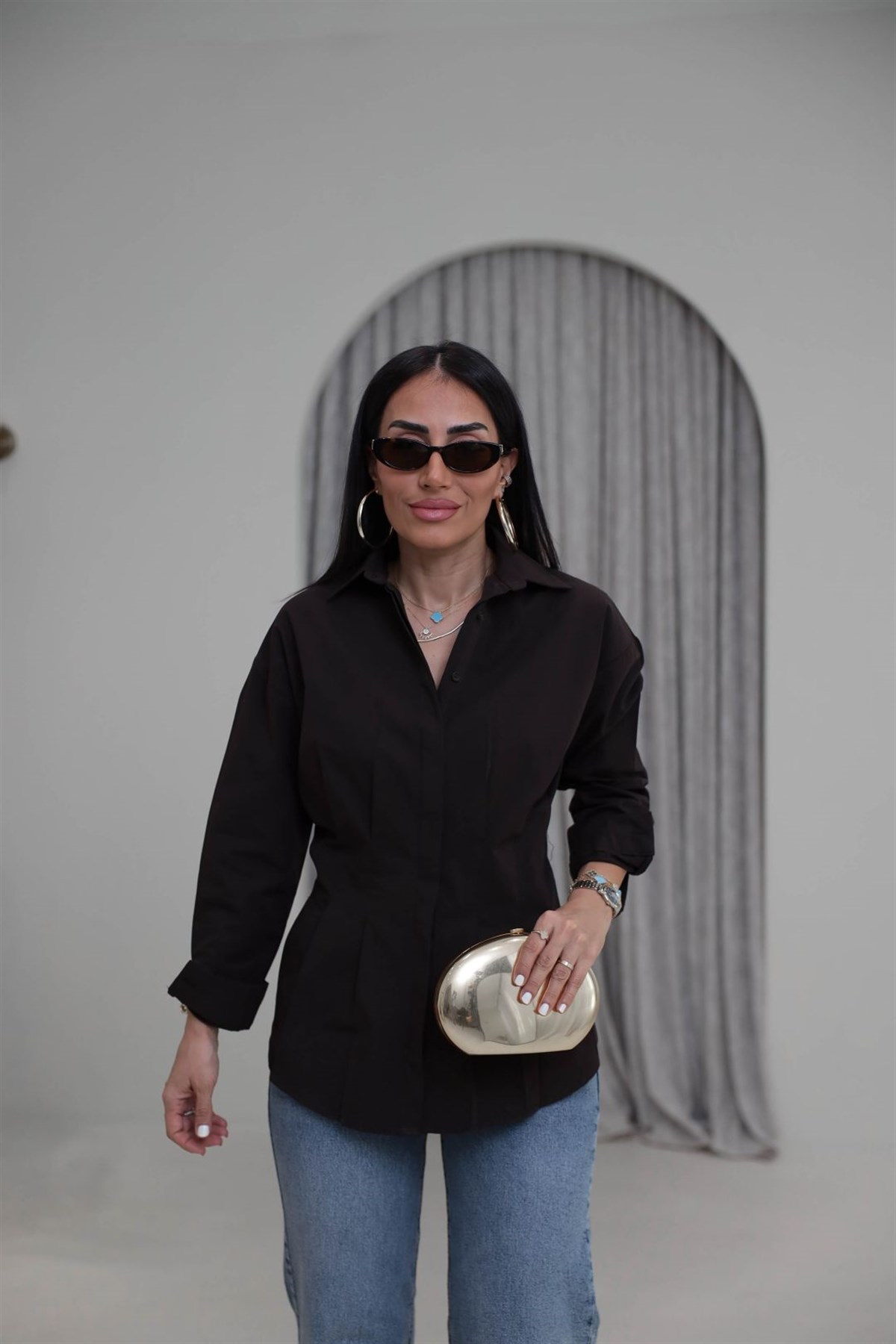 3013 Belden Oturtmalı Poplin Gömlek KAHVE