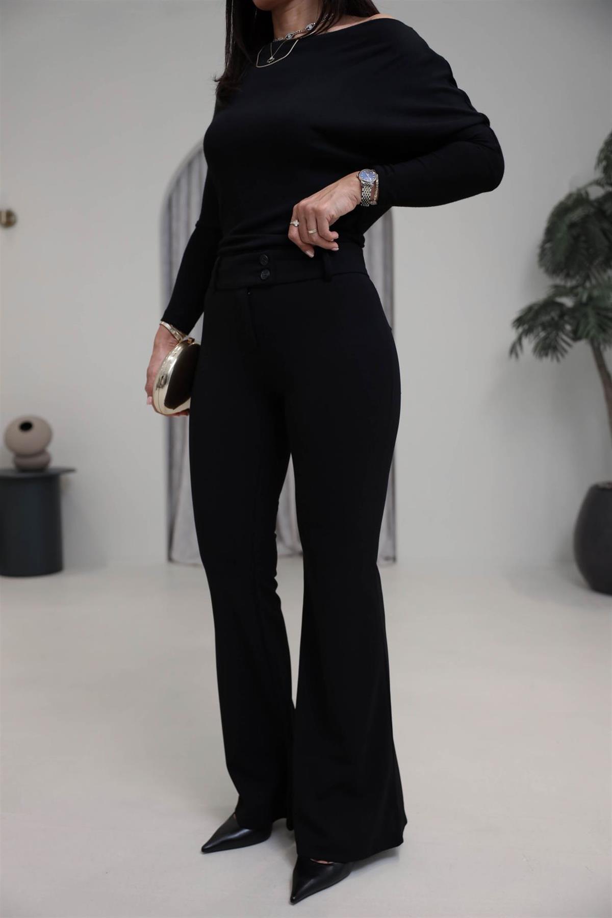 4094 Korsajlı Likralı Flare Pantolon SİYAH