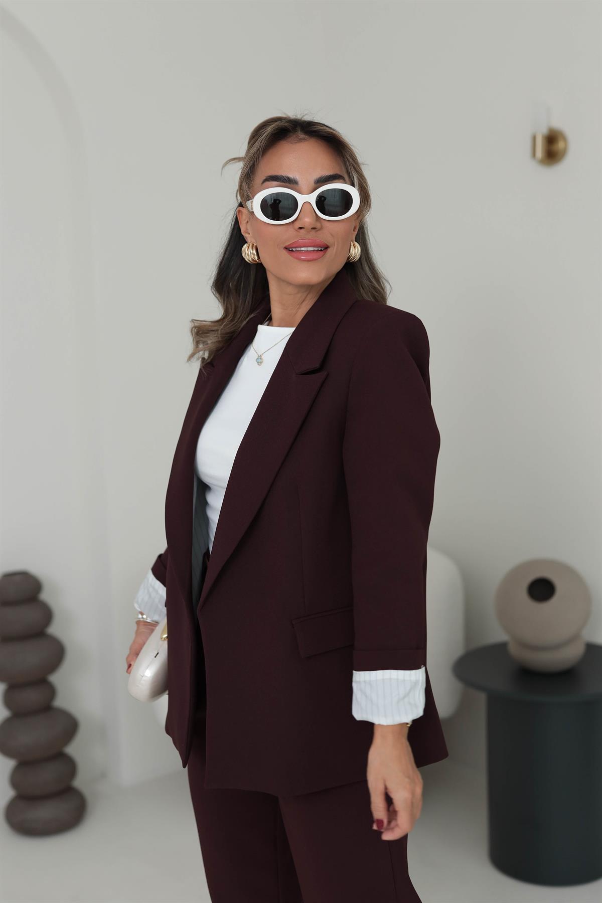 9134K Kolu Katlamalı Çizgili Astarlı Ceket BORDO