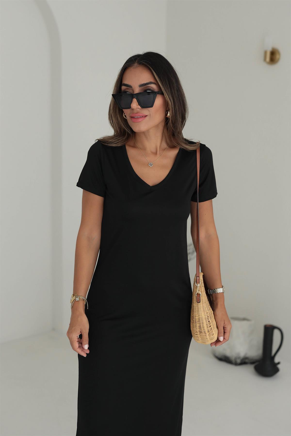 V Yaka Yanları Yırtmaçlı Modal Elbise