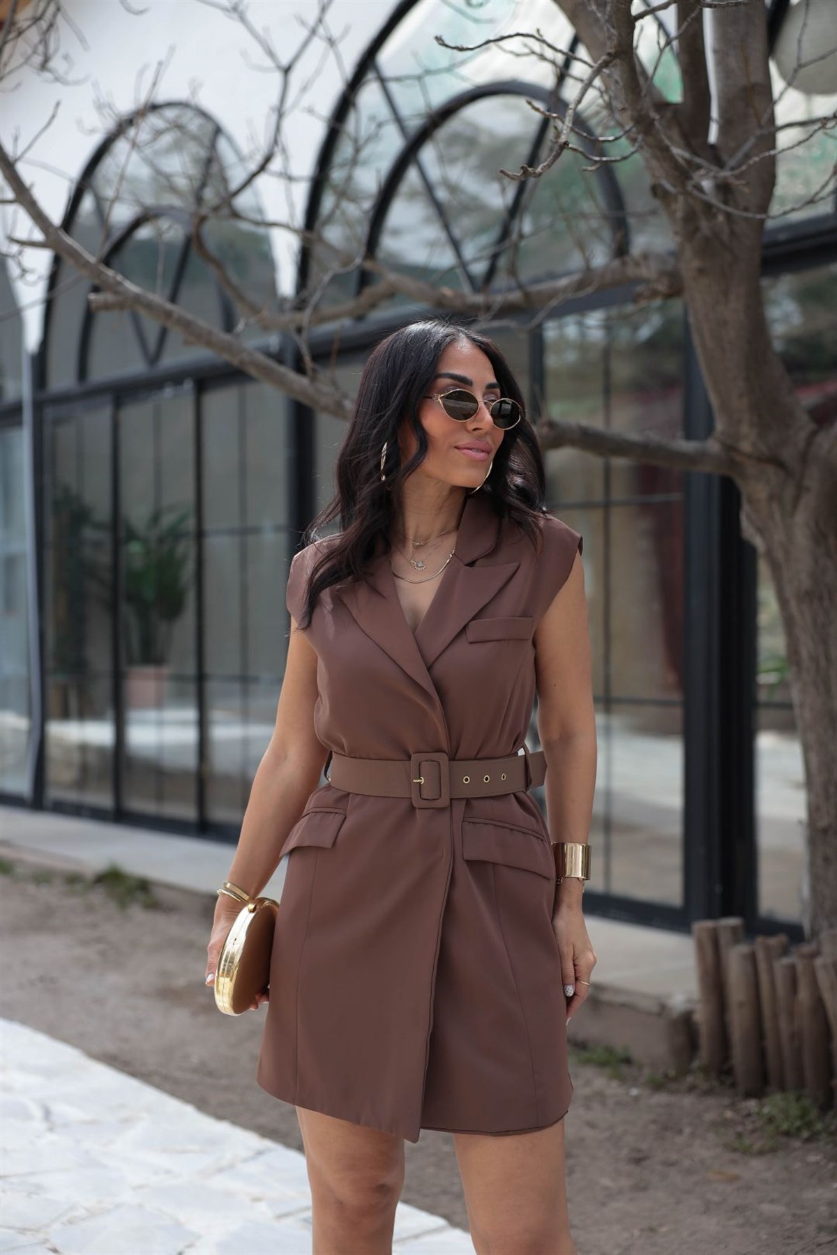 7281 Beli Kemerli Mini Elbise KAHVE