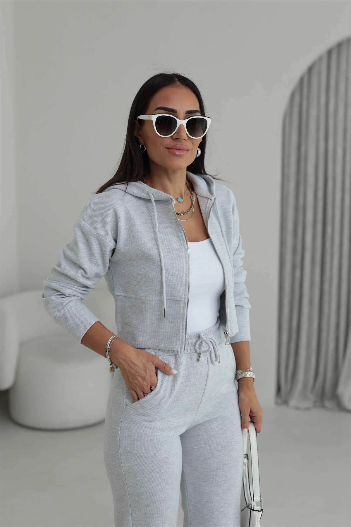 2331 Selanik Kumaş Fermuarlı Ceketli Takım GRİ