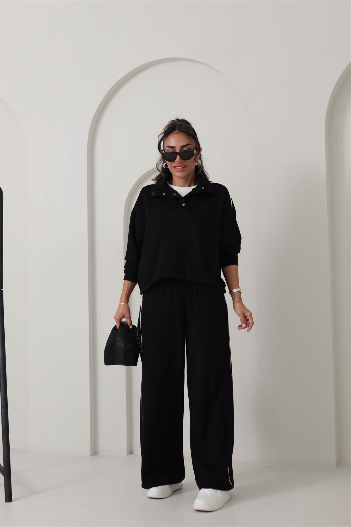 137 Dik Yaka Önü Çıtçıtlı Biyeli Modal Takım SİYAH