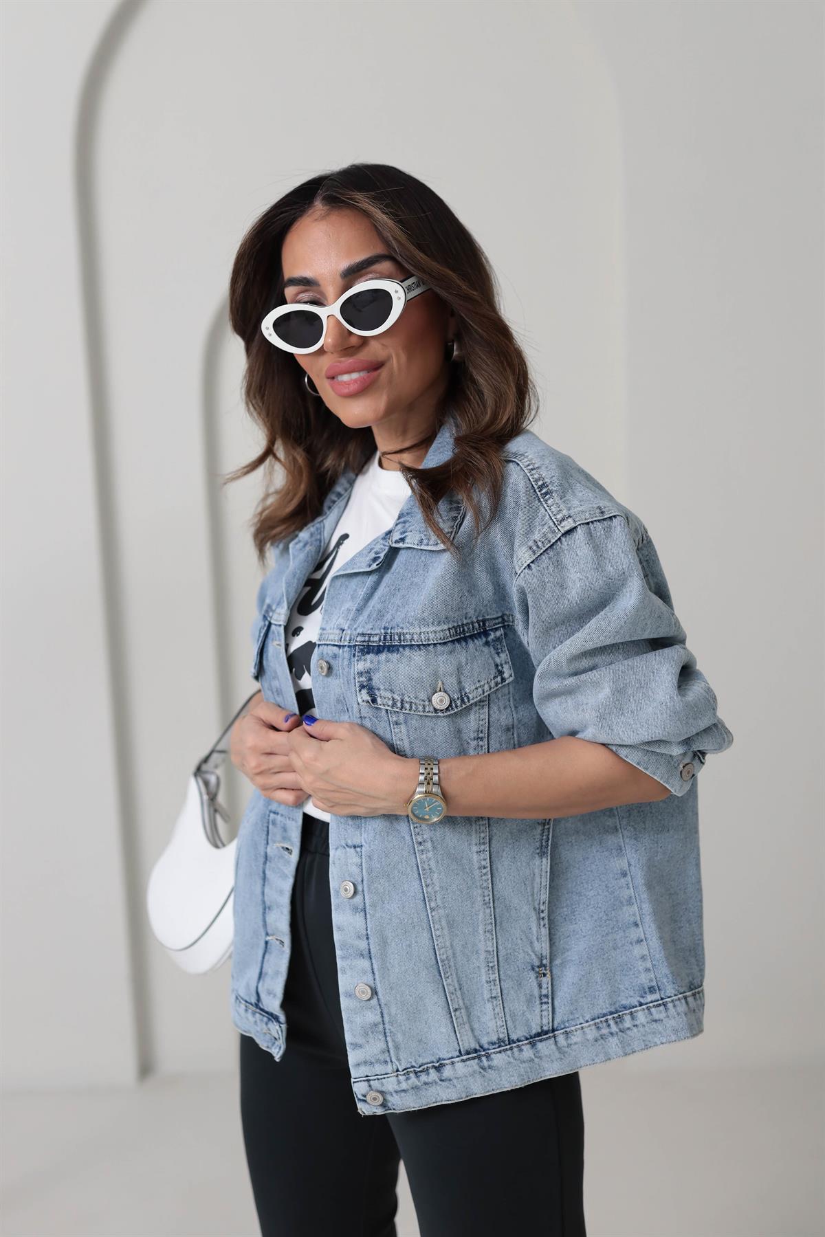 3539 Kapaklı Cep Detay Oversize Kot Ceket AÇIK MAVİ