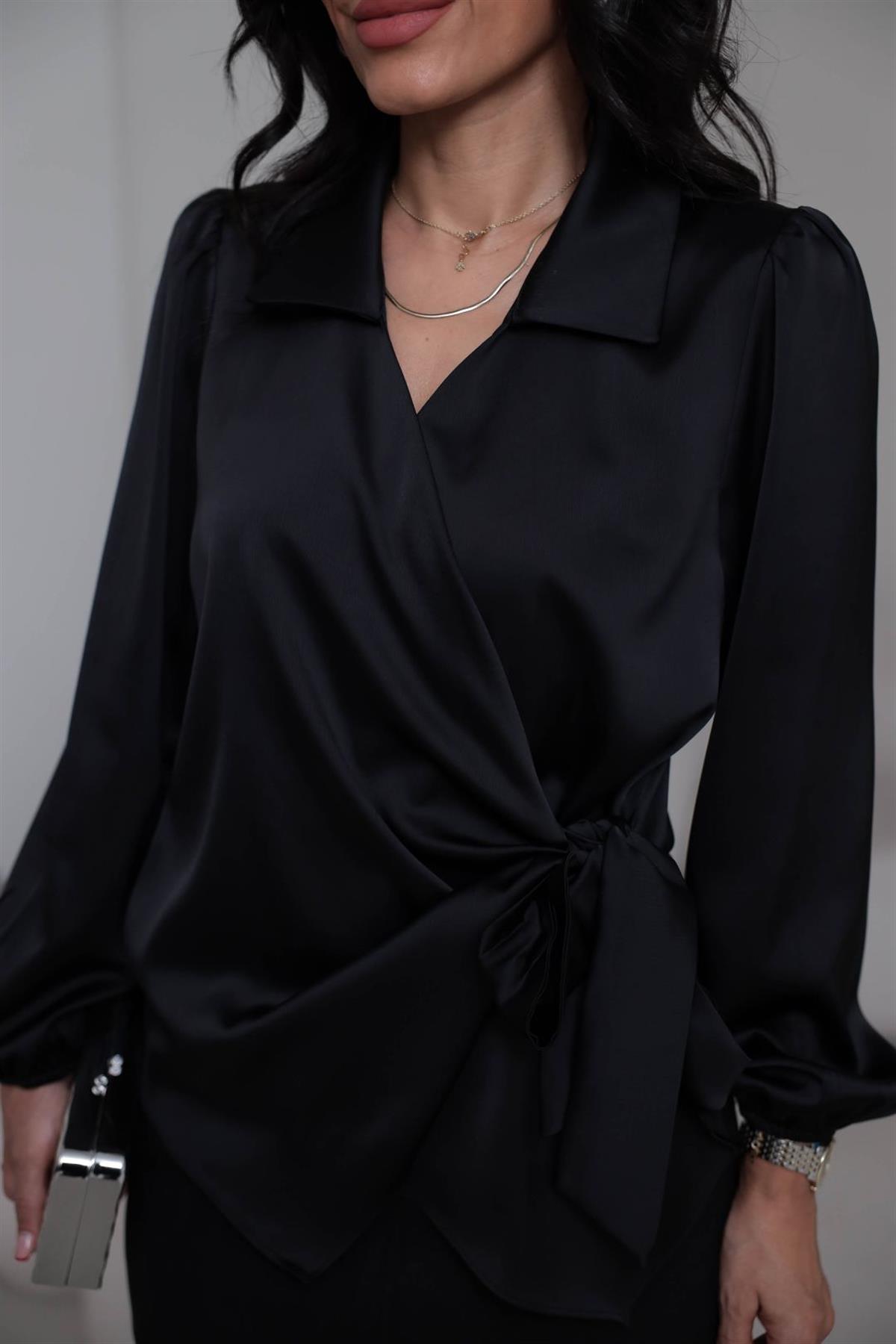 K0132 Kruvaze Yaka İpek Saten Gömlek Bluz SİYAH