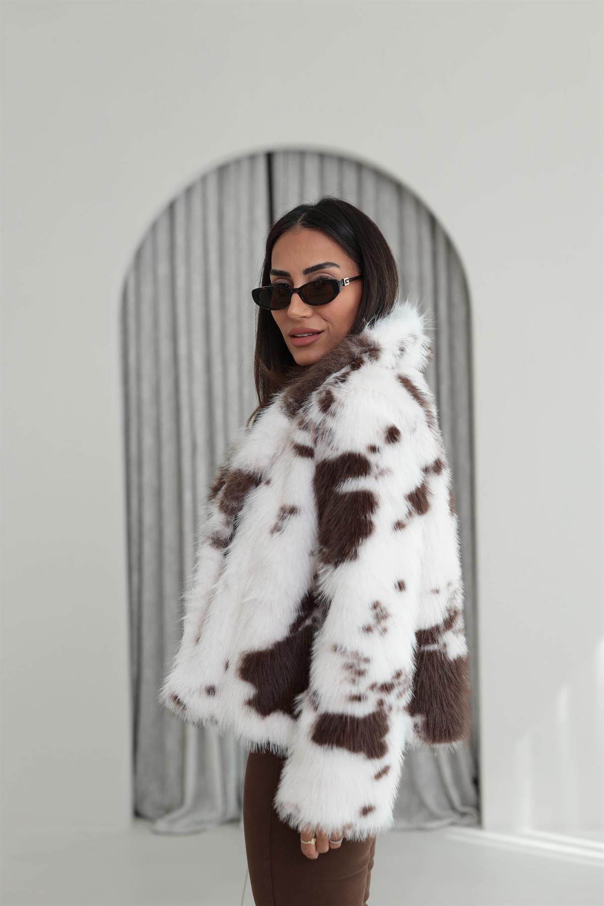 7606 Desenli Kürk Mont KAHVE