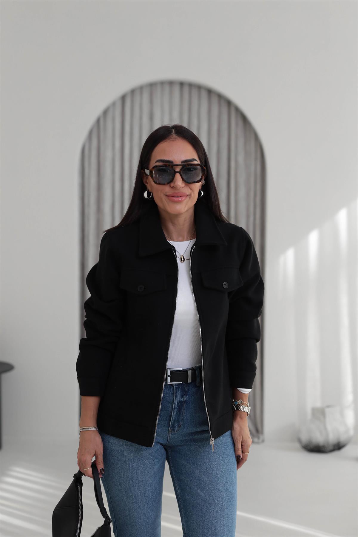 2806 Gömlek Yaka Detay Kaşe Ceket SİYAH