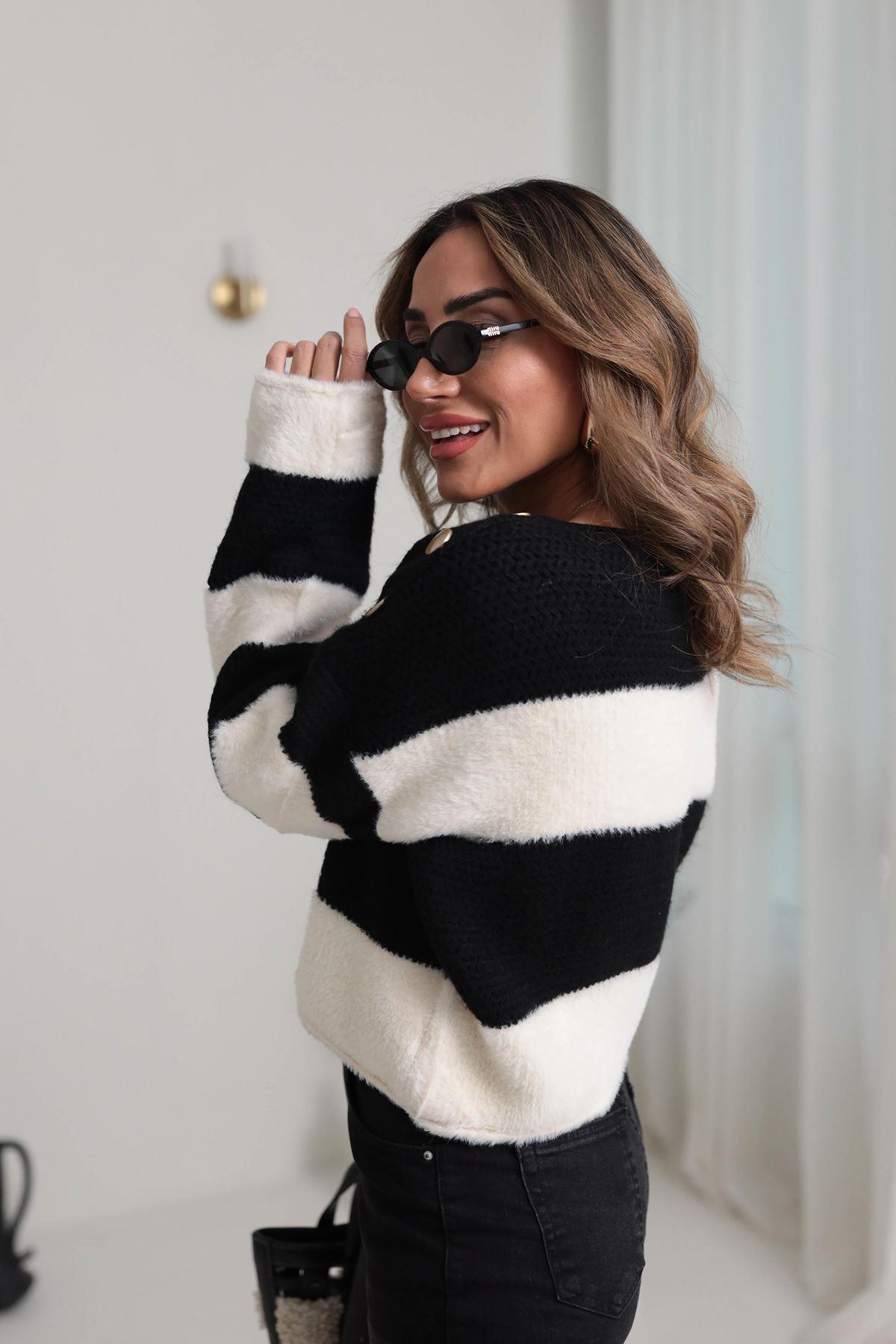 7589 Ters Örgülü Gold Düğme Detaylı Triko SİYAH