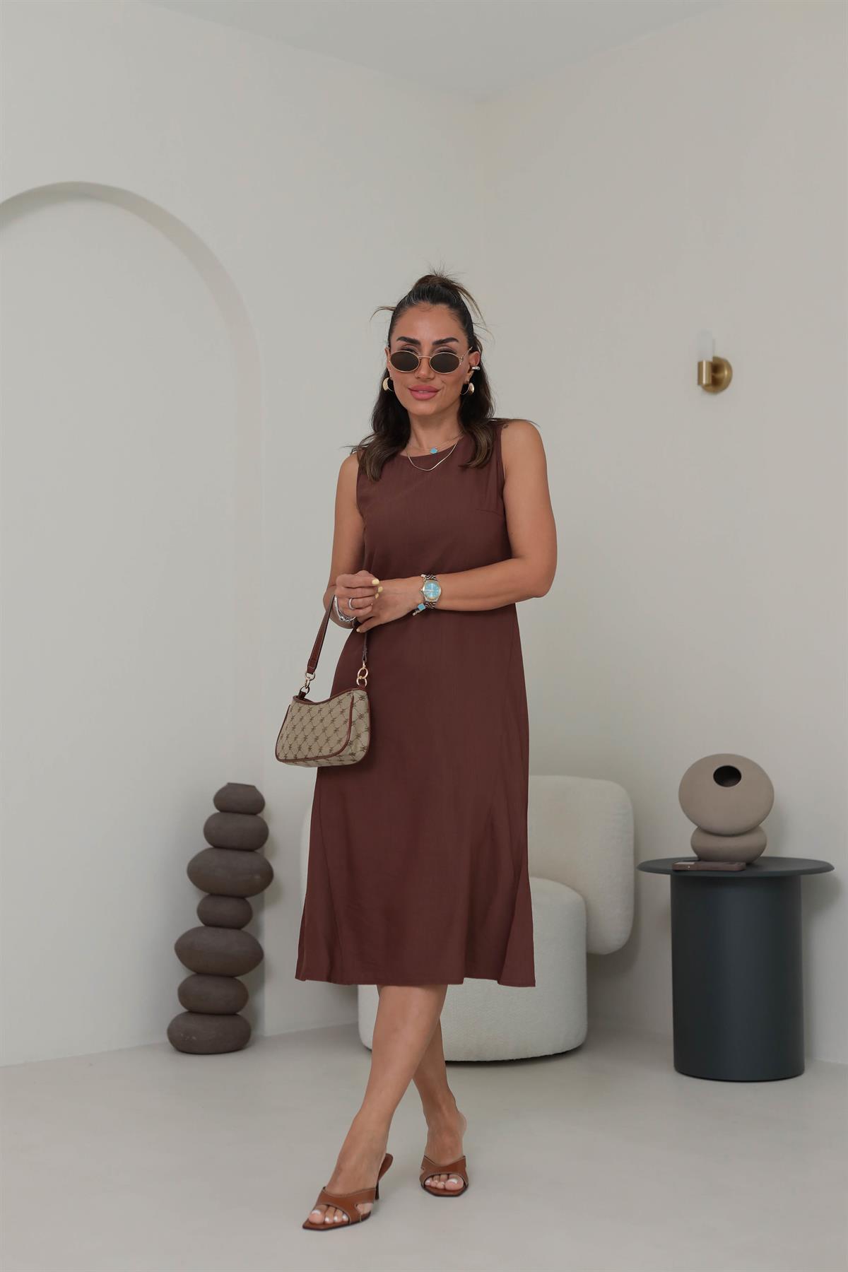 7633 Kolsuz Tiril Elbise KAHVE