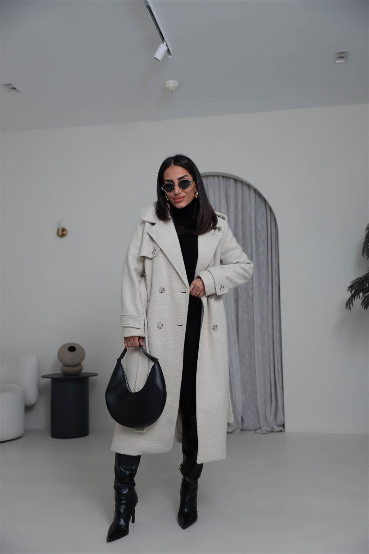 0611 Kuşaklı Apoletli Kaşe Kaban NATURAL