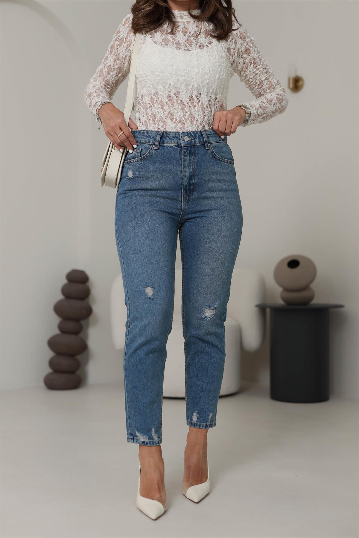 4670 Mini Yırtık Detaylı Jean TİNTLİ MAVİ