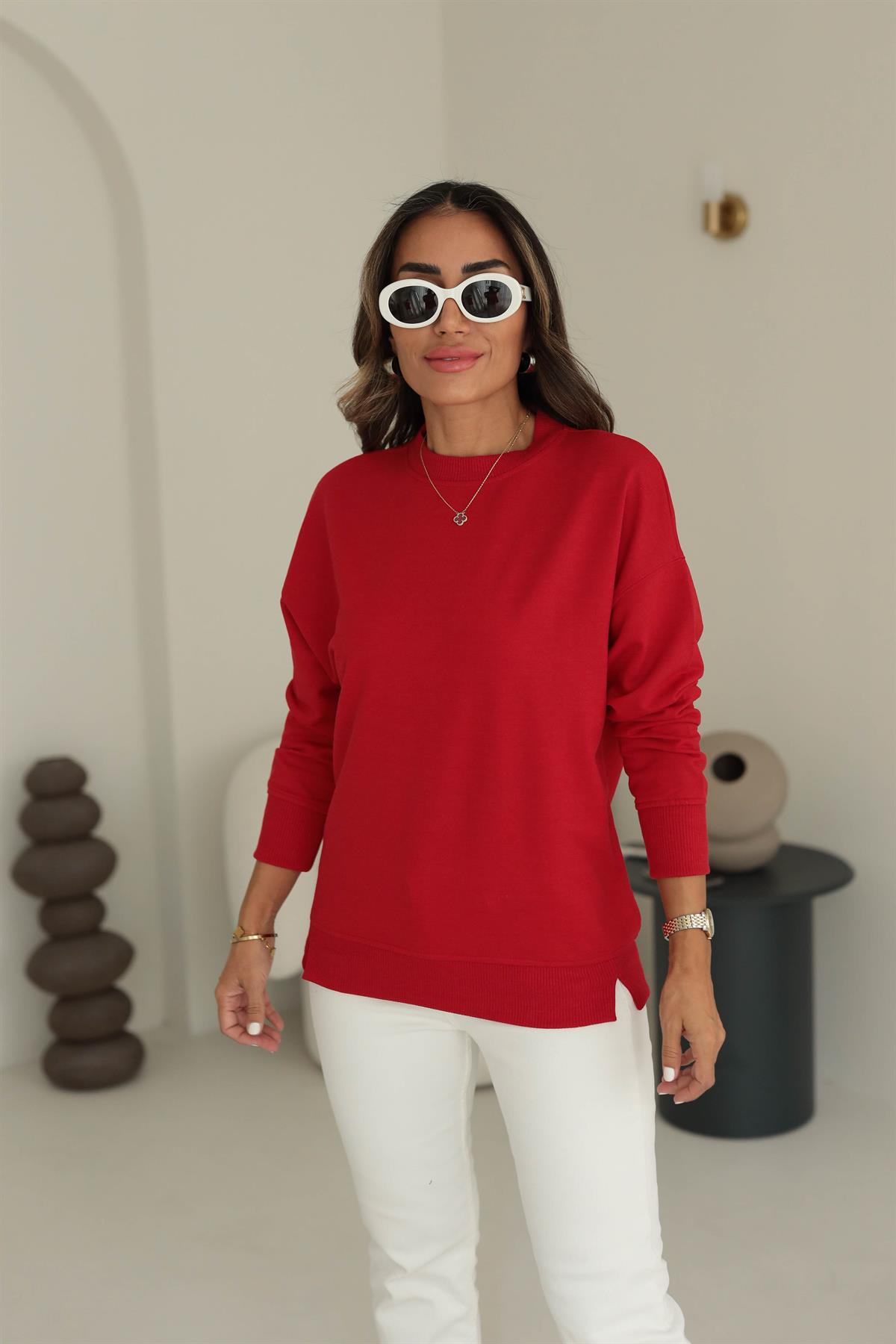 9002 Düz Basic Sweatshirt KIRMIZI