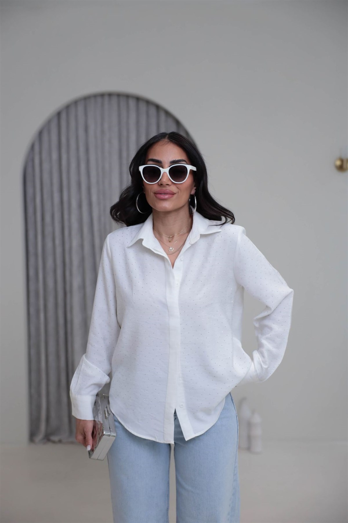 7335 Tencel Kumaş Taşlı Gömlek EKRU