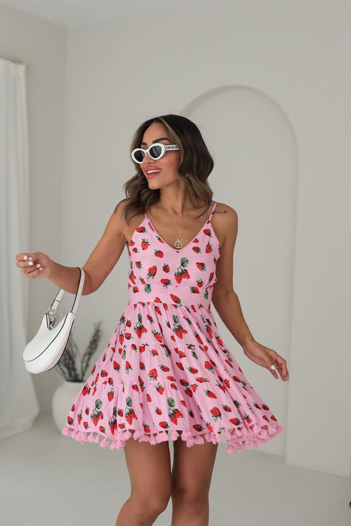 9829 Çilek Desenli Sırtı Gipeli Kuşaklı Elbise