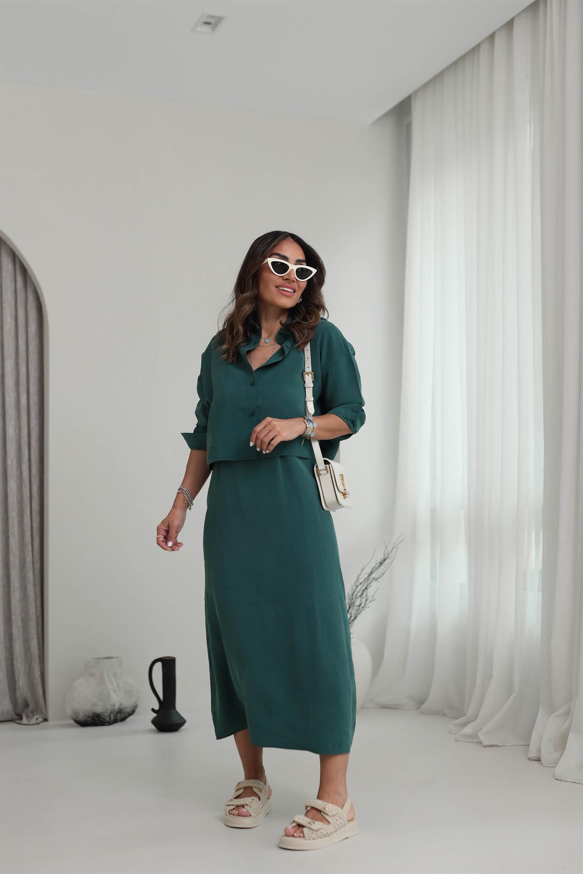 1153 Tencel Gömlek & Elbise Takım KOYU YEŞİL