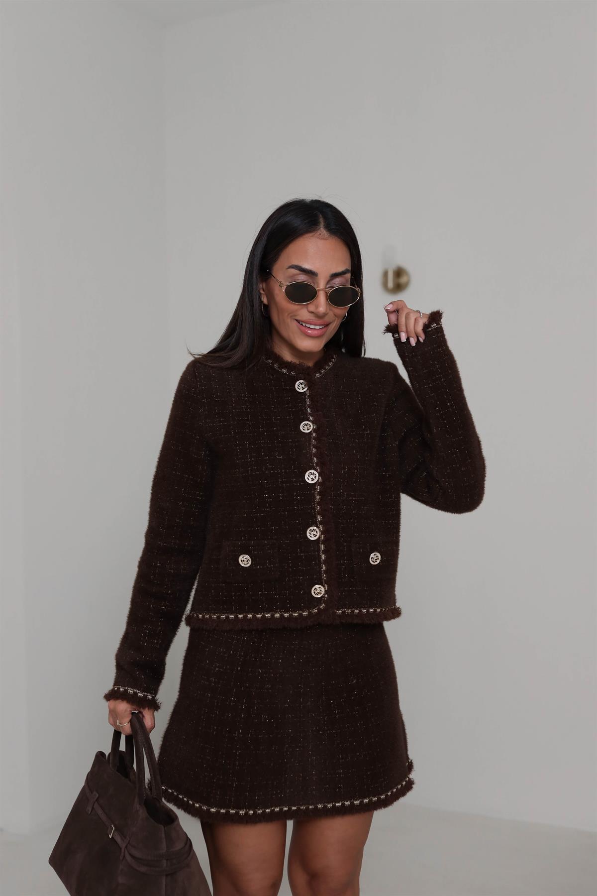 0419 Püskül ve Sim Detaylı Angora Ceket ACI KAHVE