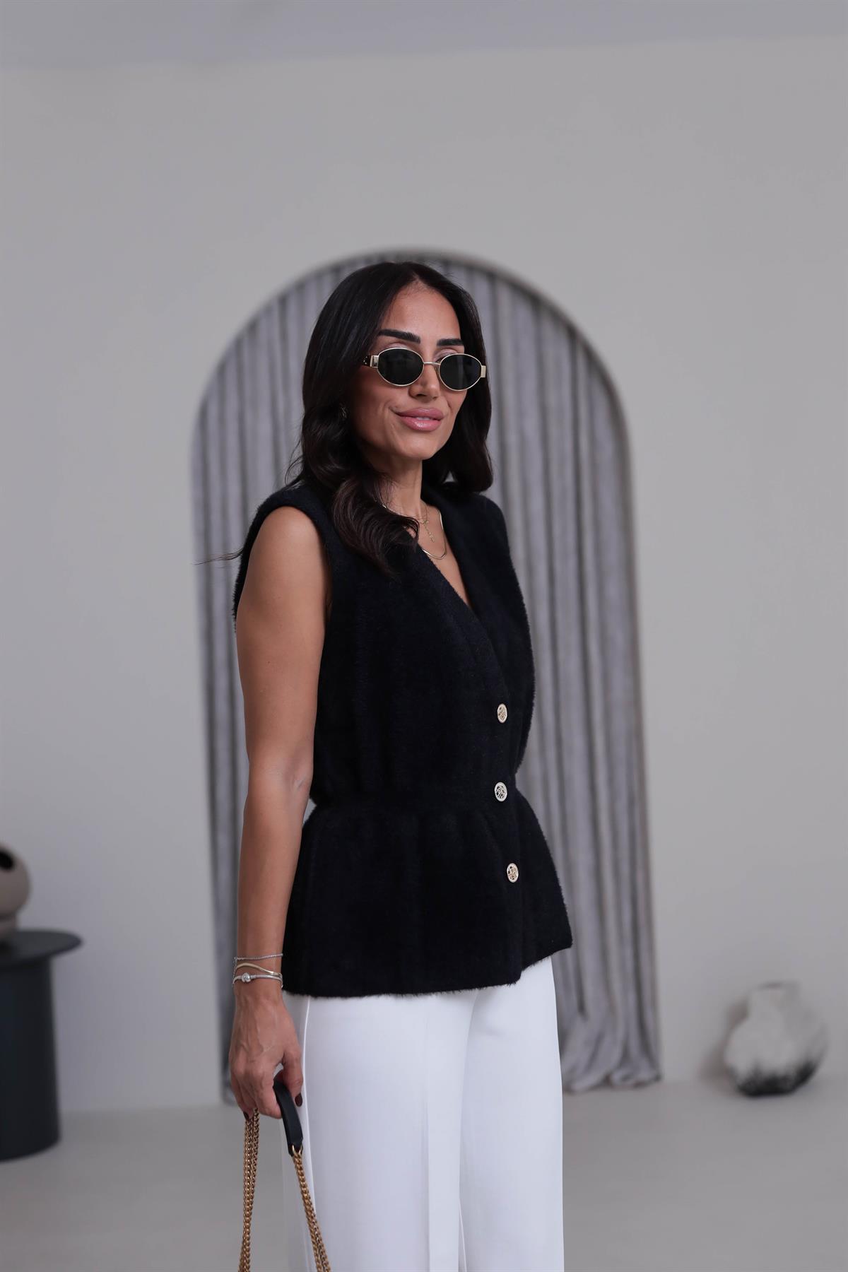 0364 Düğmeli Belden Büzgülü Angora Yelek SİYAH