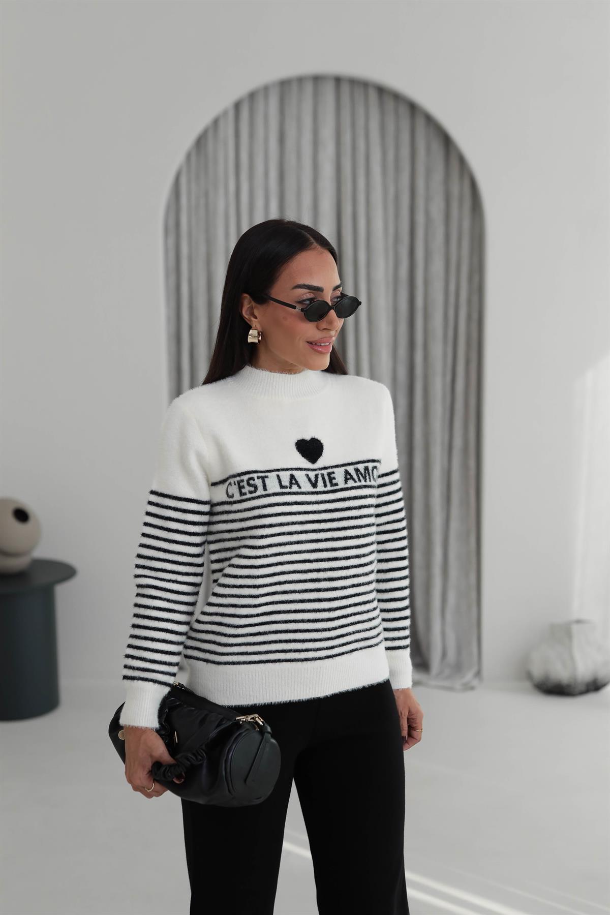 4817 Amour Çizgili Angora Kazak SİYAH