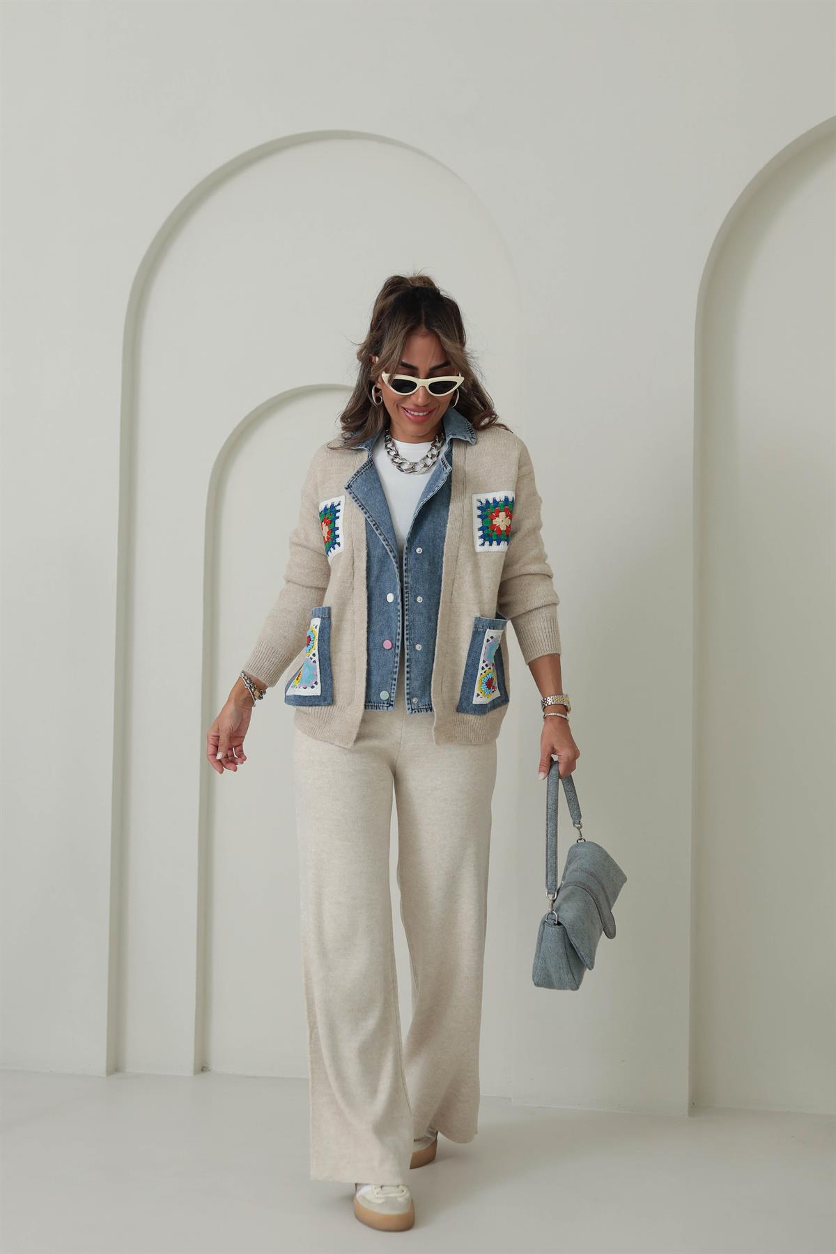 4616 Kot Mixli Nakış İşlemeli Triko Hırka