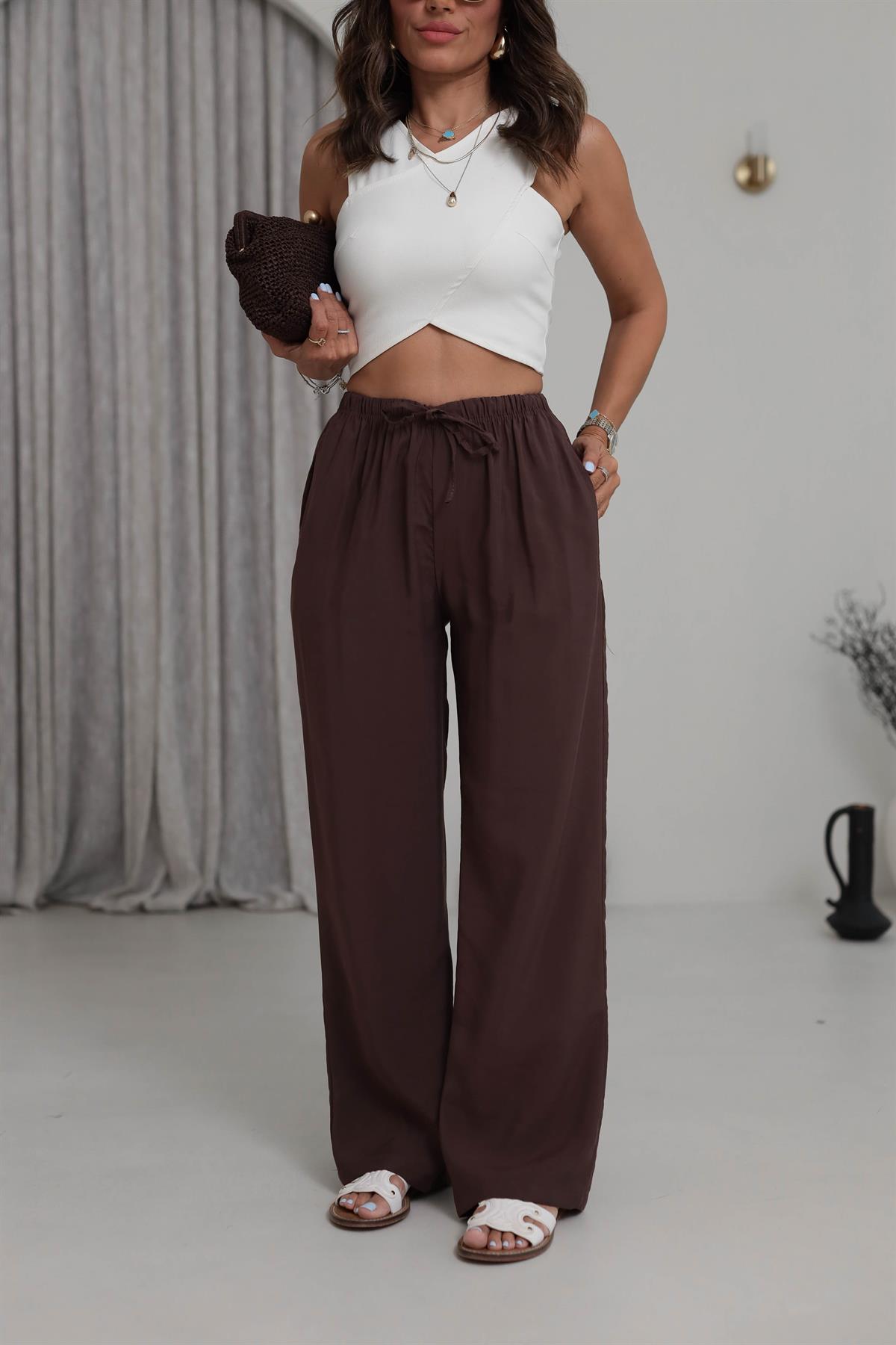 Beli Lastikli Bağcıklı Tencel Pantolon KAHVE