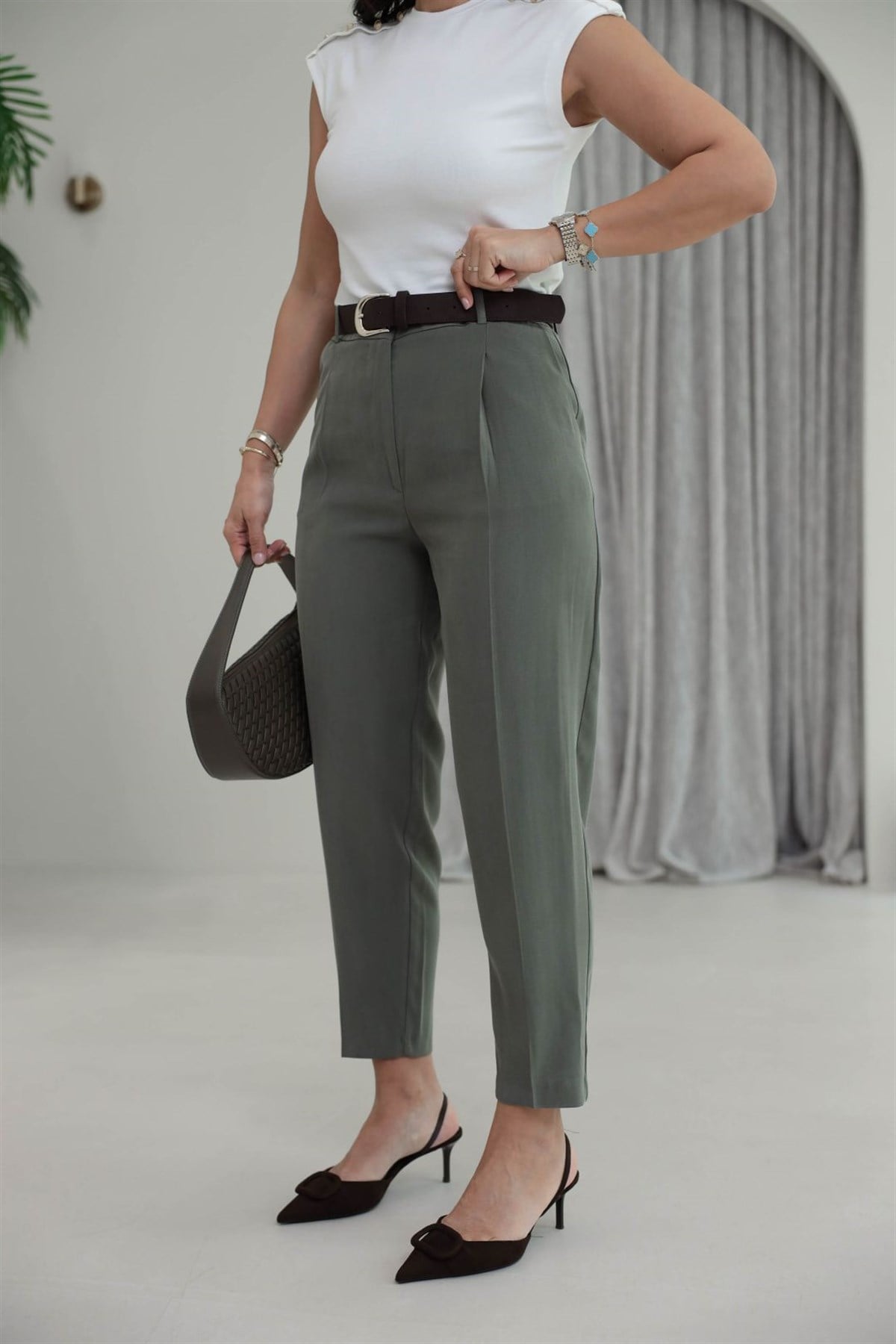 7544 Kemer Detaylı Tencel Kumaş Smart Pantolon HAKİ YEŞİL