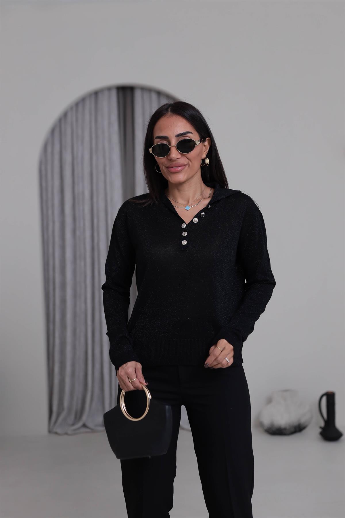 Simli Polo Yaka Bluz SİYAH