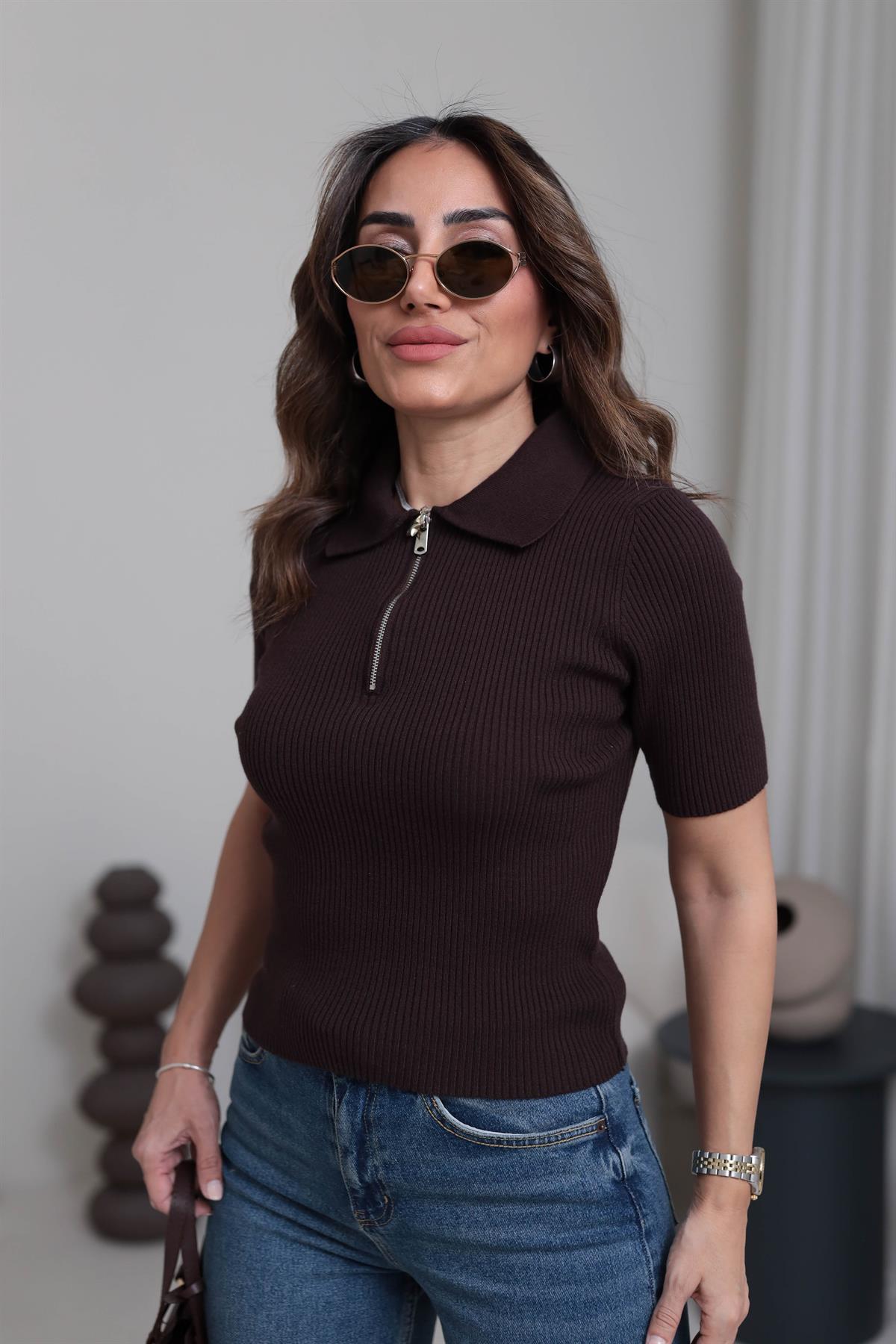 Yarım Fermuarlı Kısa Kol Fitilli Triko Buluz KAHVE