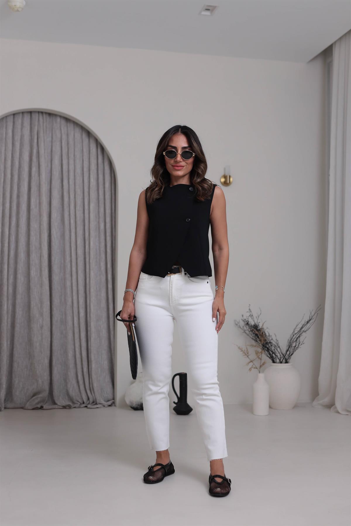 6832 Asimetrik Kesim Çift Düğmeli Double Yelek SİYAH