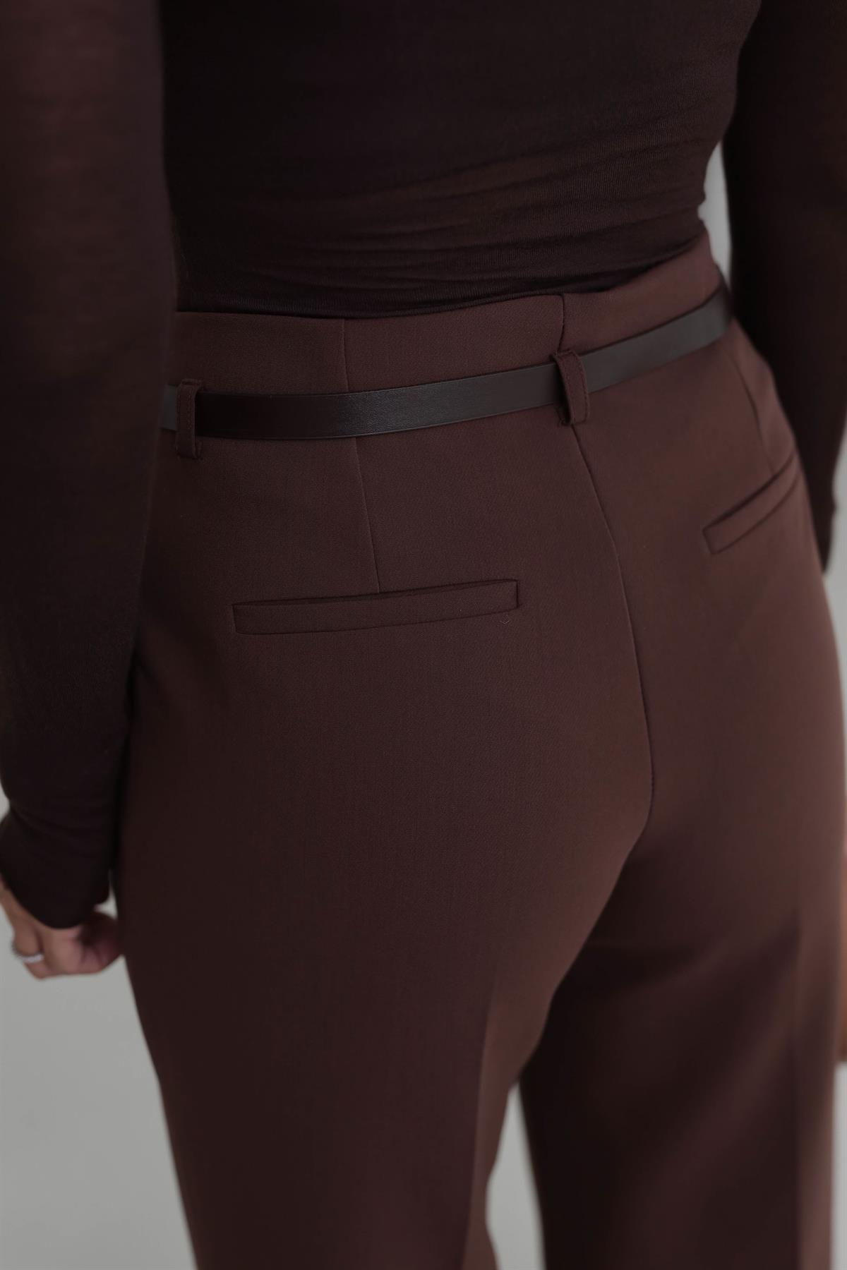 7050 Kemerli Paçası Dikiş Detay Palazzo Pantolon KAHVE