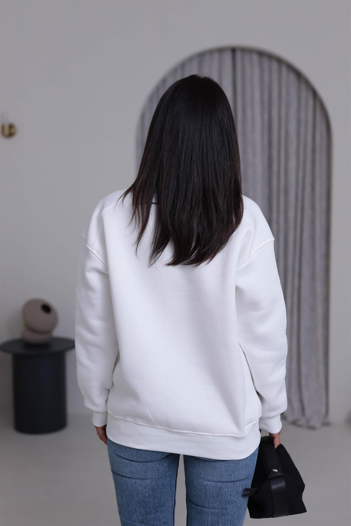 7912 Bisiklet Yaka Şardonlu Sweatshirt EKRU