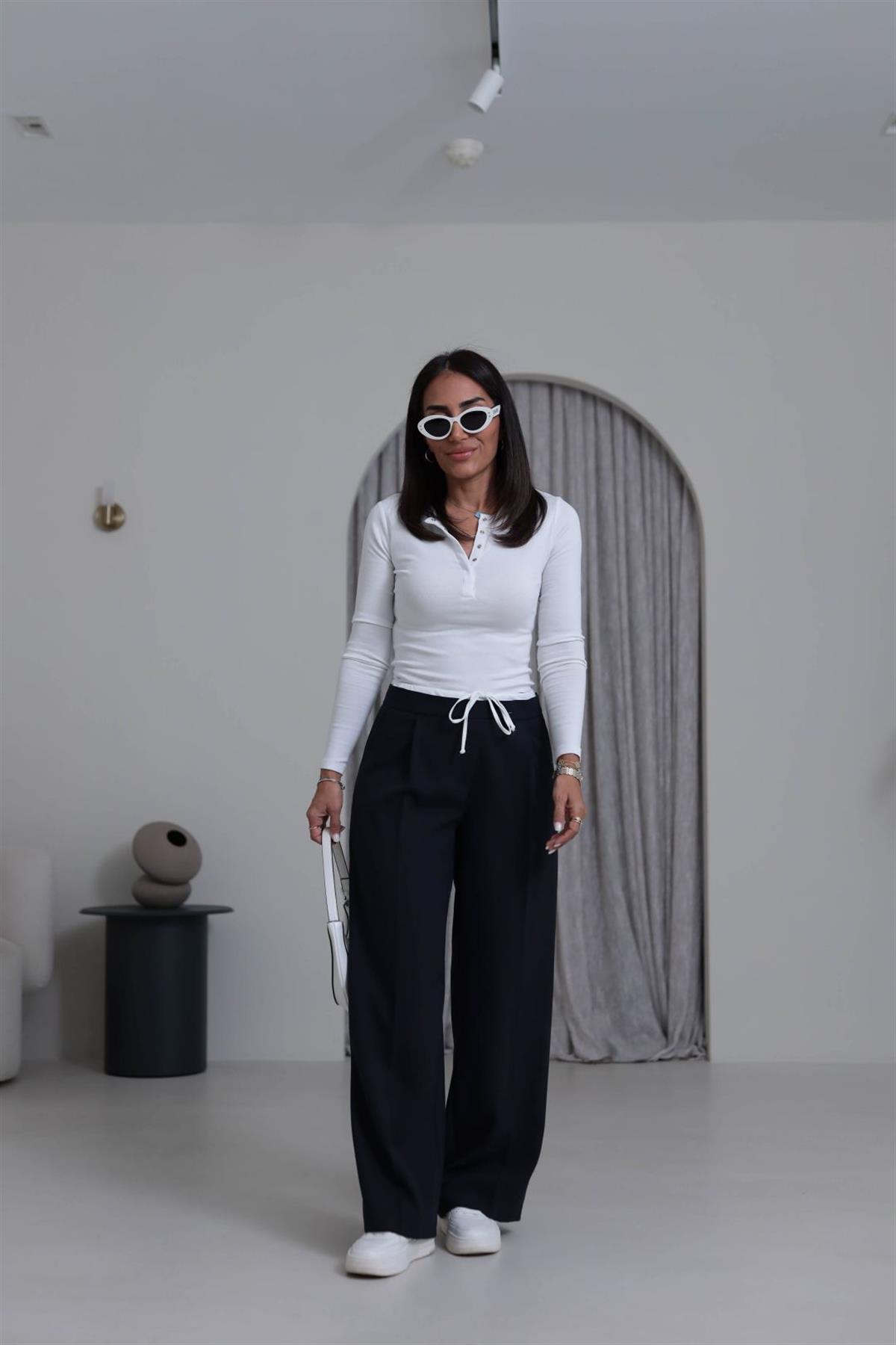 5179 Bel Detaylı Bağcıklı Kumaş Pantolon LACİVERT