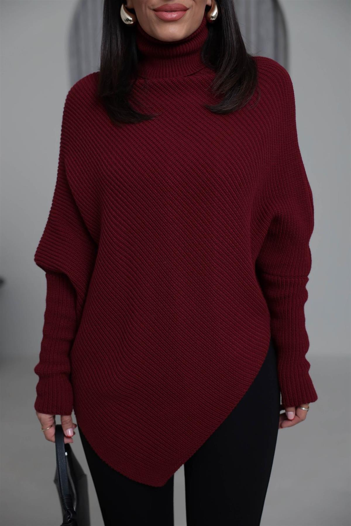 2574 Balıkçı Yaka Asimetrik Triko Kazak BORDO