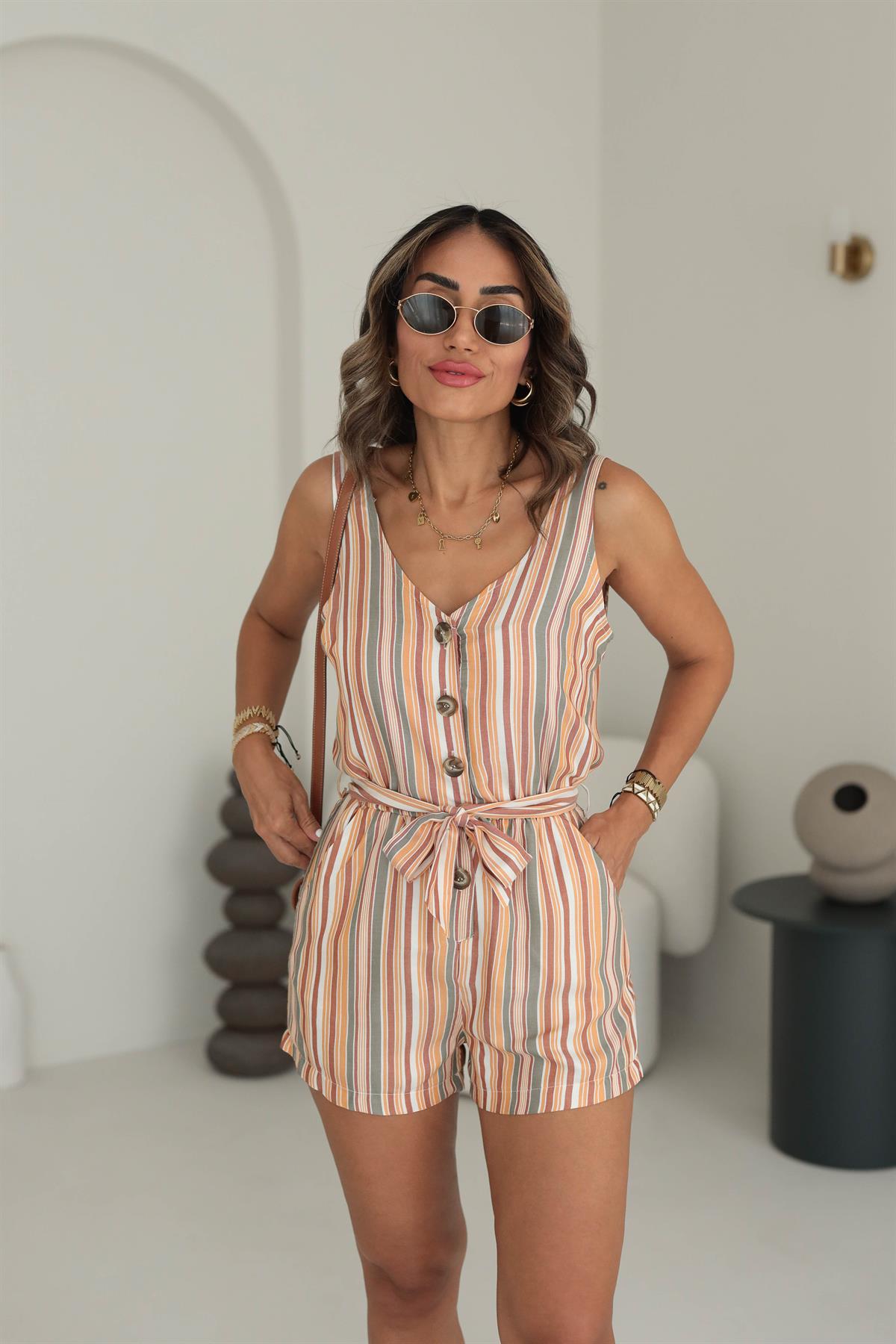 5088 Çizgili Şortlu Tulum