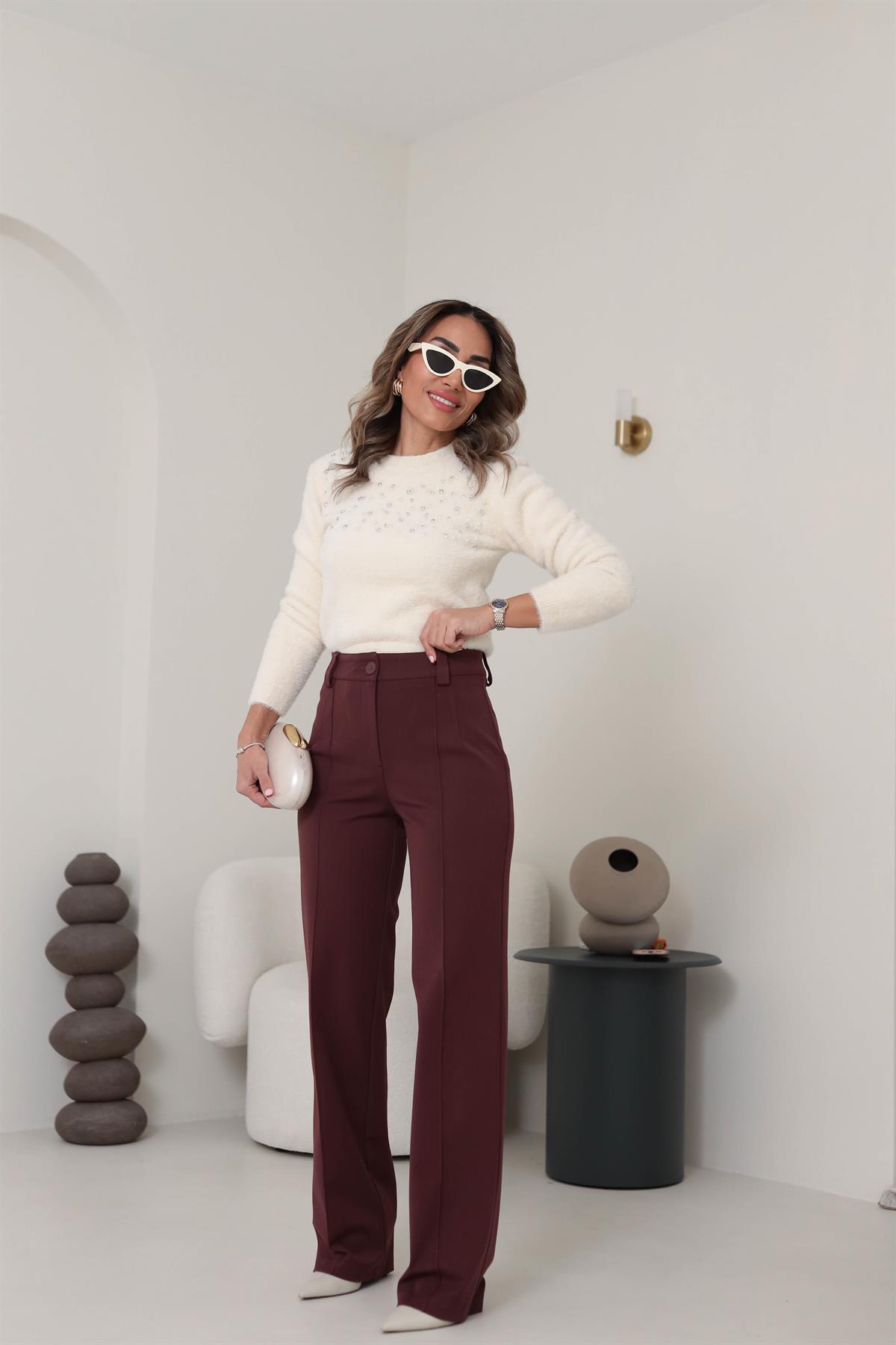 7645 Angora Beyoğlu Taşlı Kazak EKRU