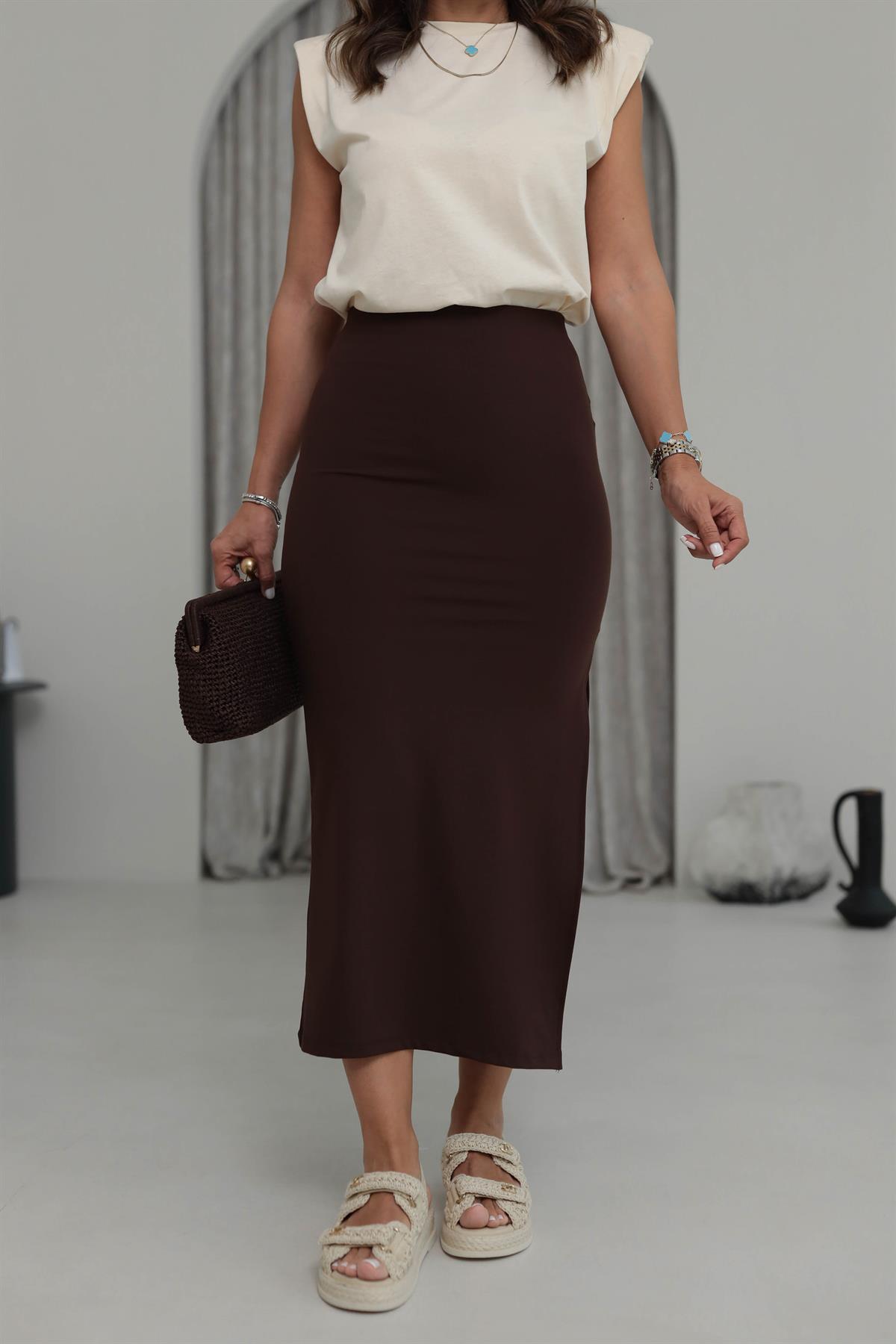 4861 Uzun Yırtmaçlı Modal Etek KAHVE